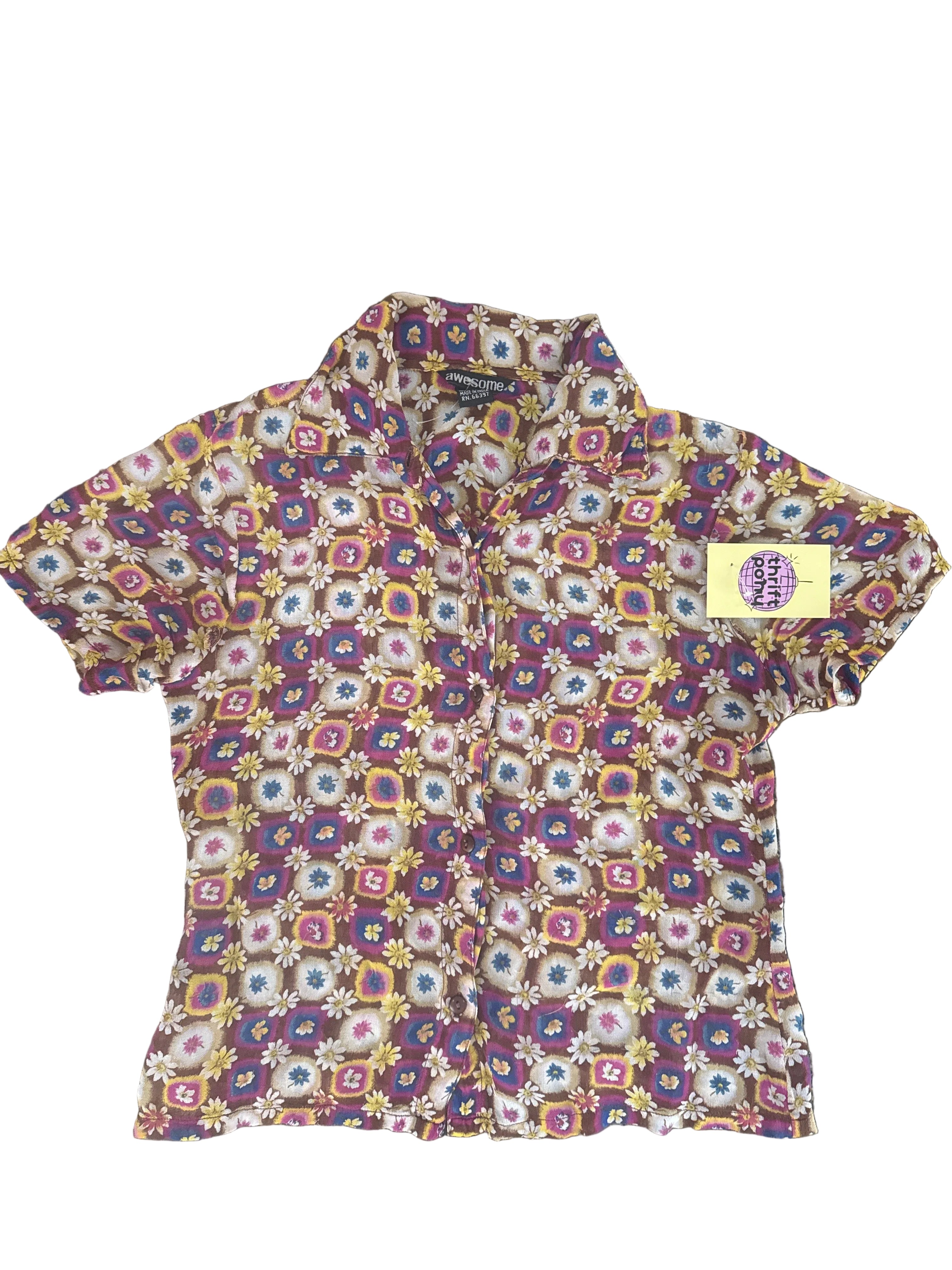 purple brown awesome sheer floral vtg ss button up, m