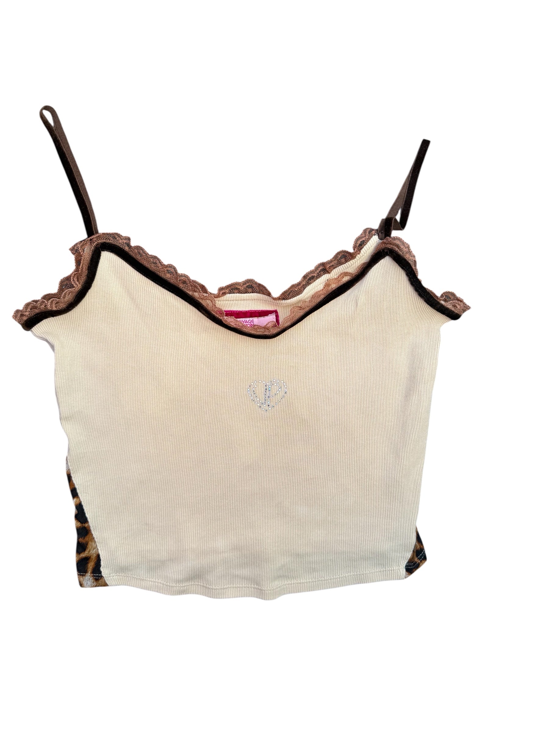cream brown voyage passion lace trim cami top, M