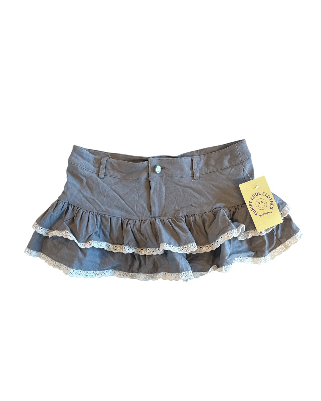 grey white shein frilly lace trimmed skort, xs