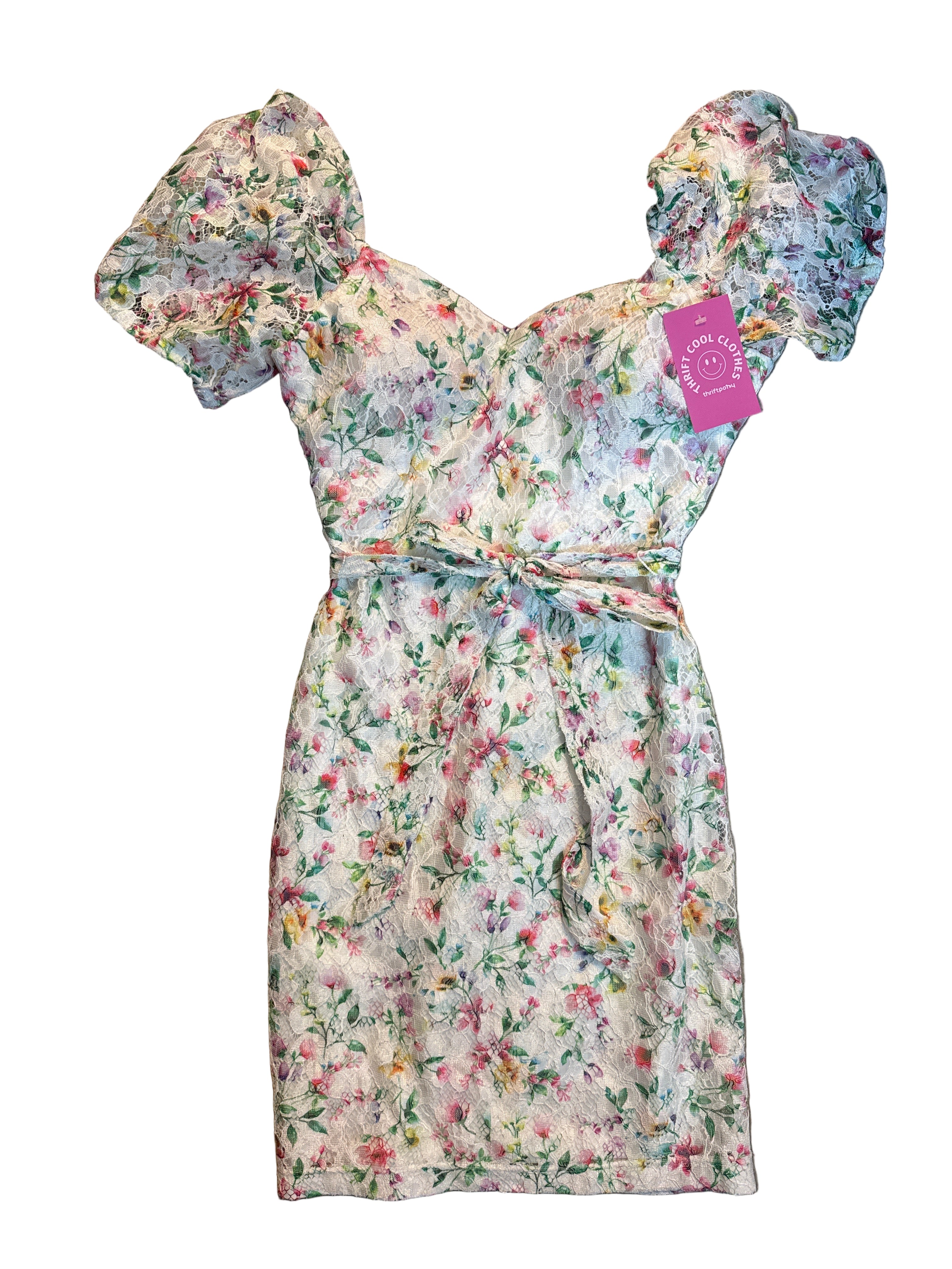 white green pink guess floral lace mini dress, 2