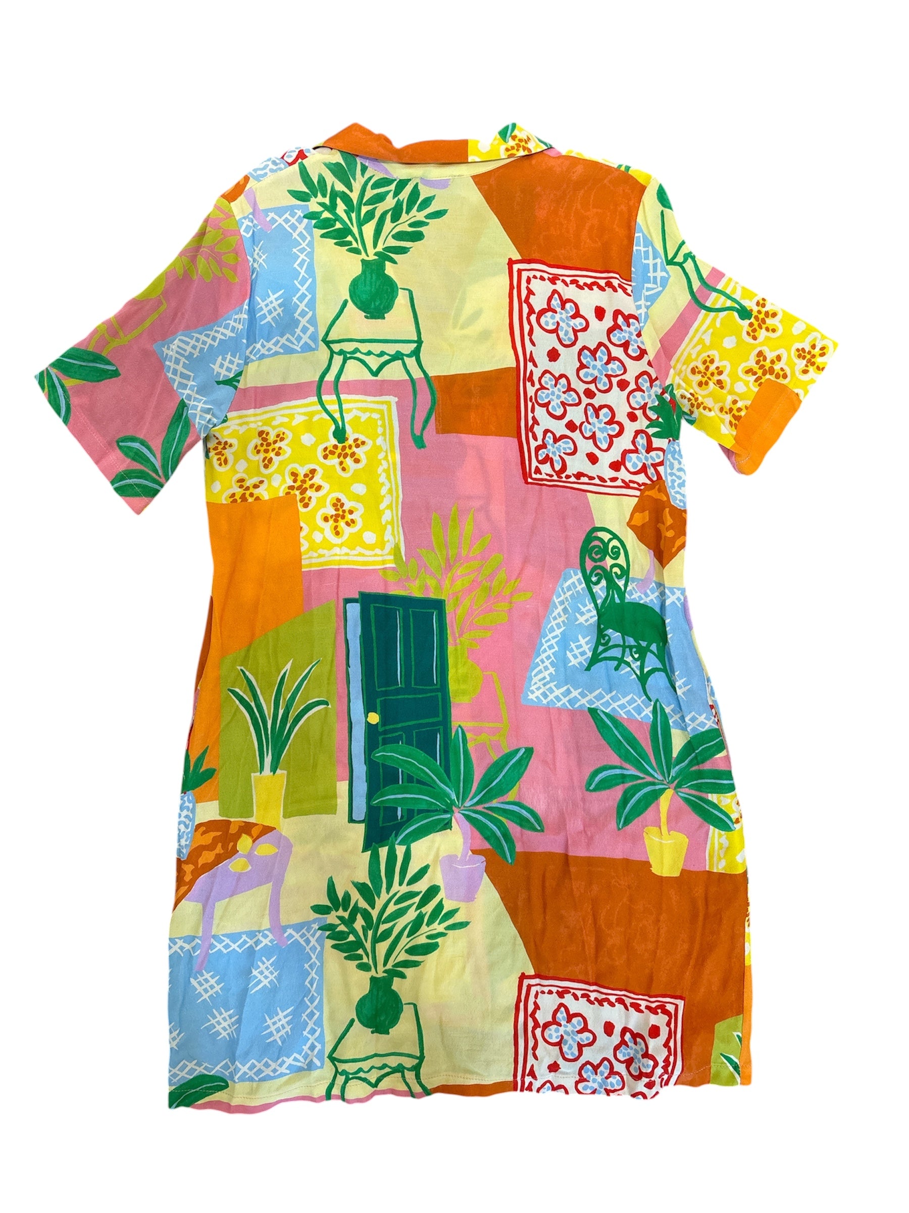 pink green yellow frnch doodle foliage collar dress, s