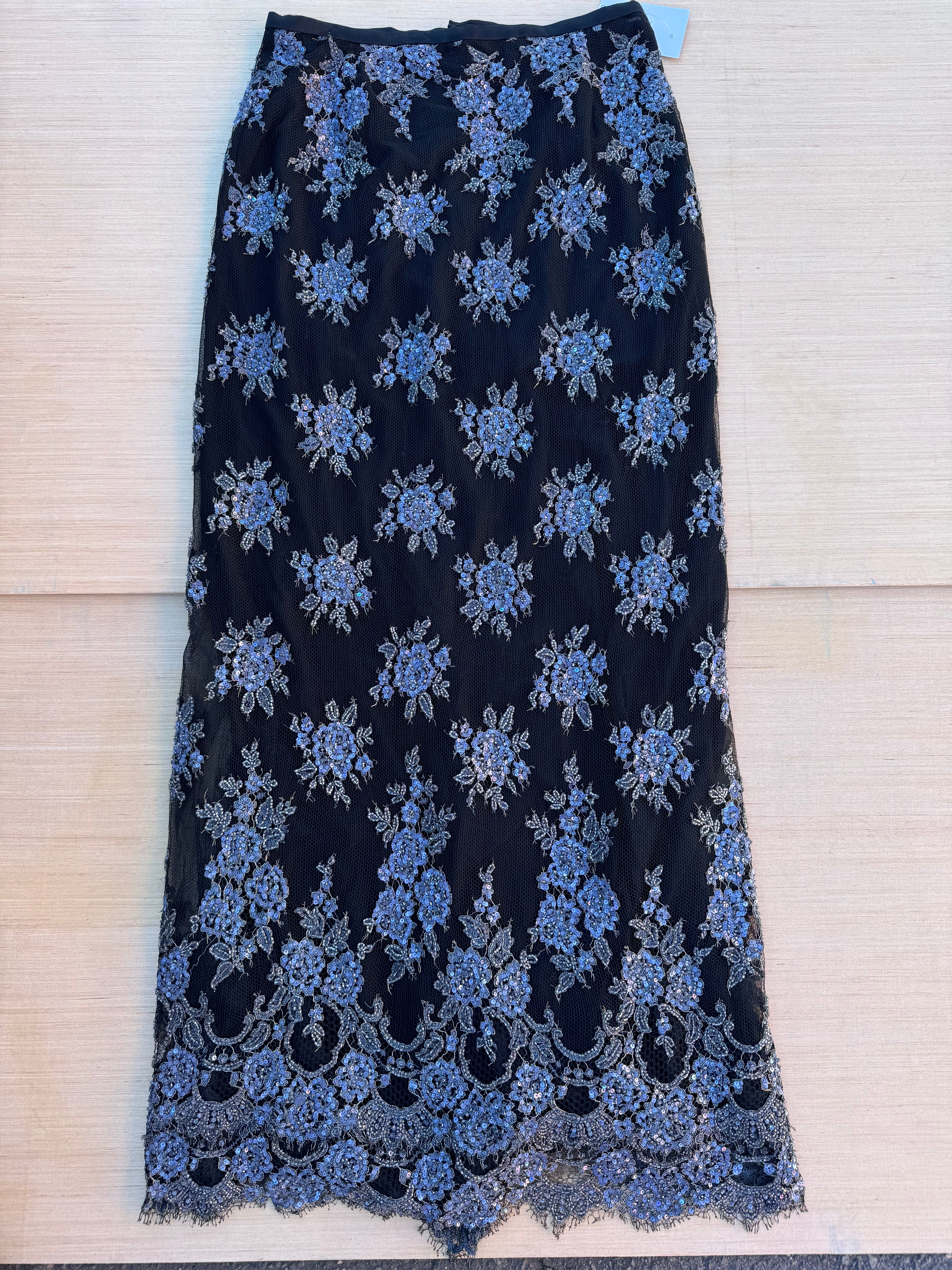 black blue liancarlo long sequin floral skirt, 12 (fits like size 8)