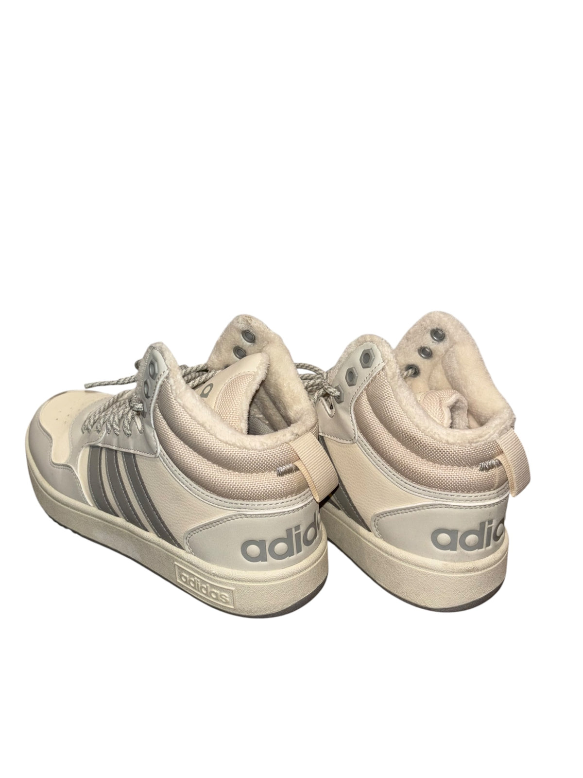 white grey adidas hi top sneakers, 8.5