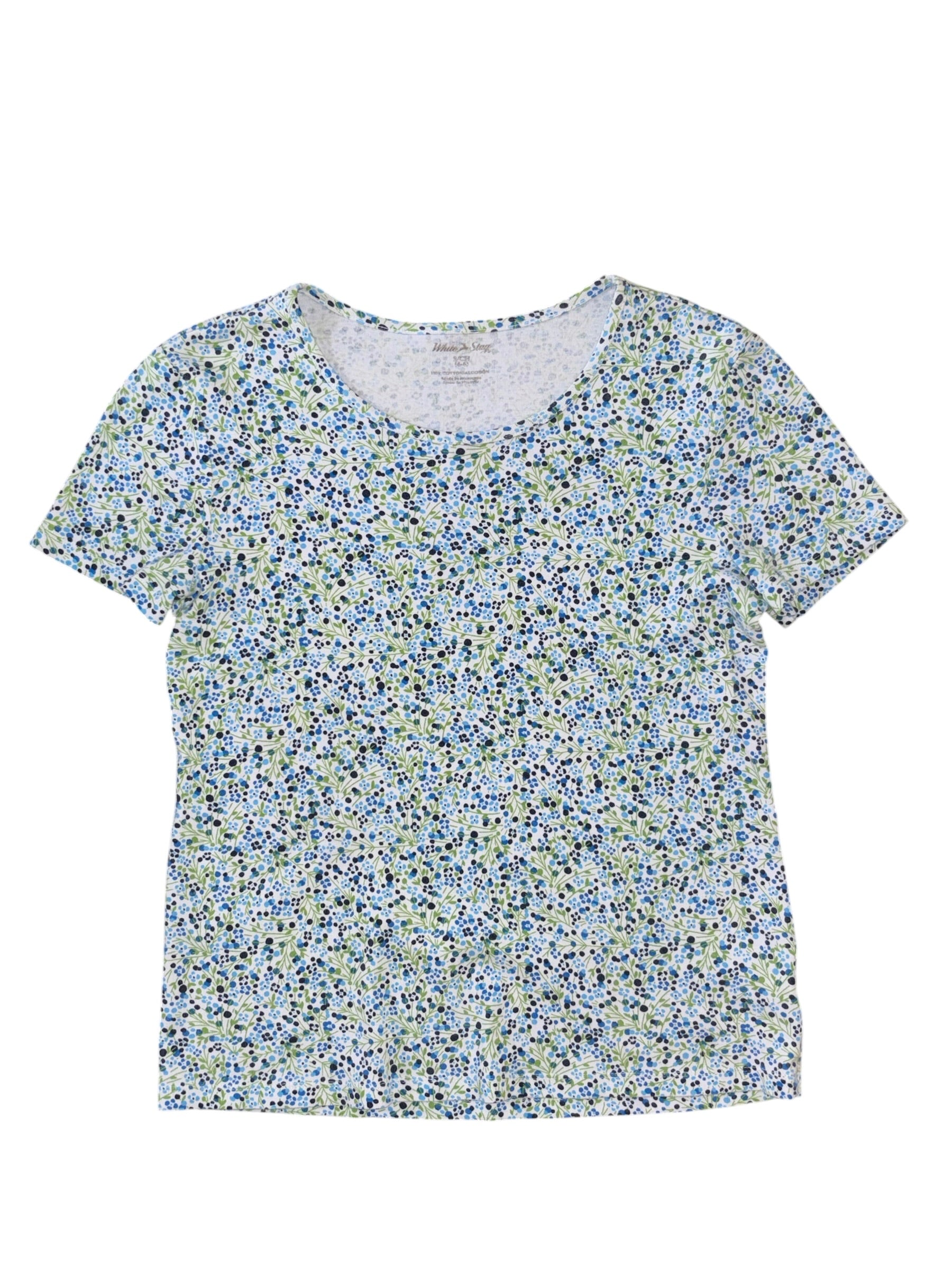blue green white white stag floral polka dot tee, s