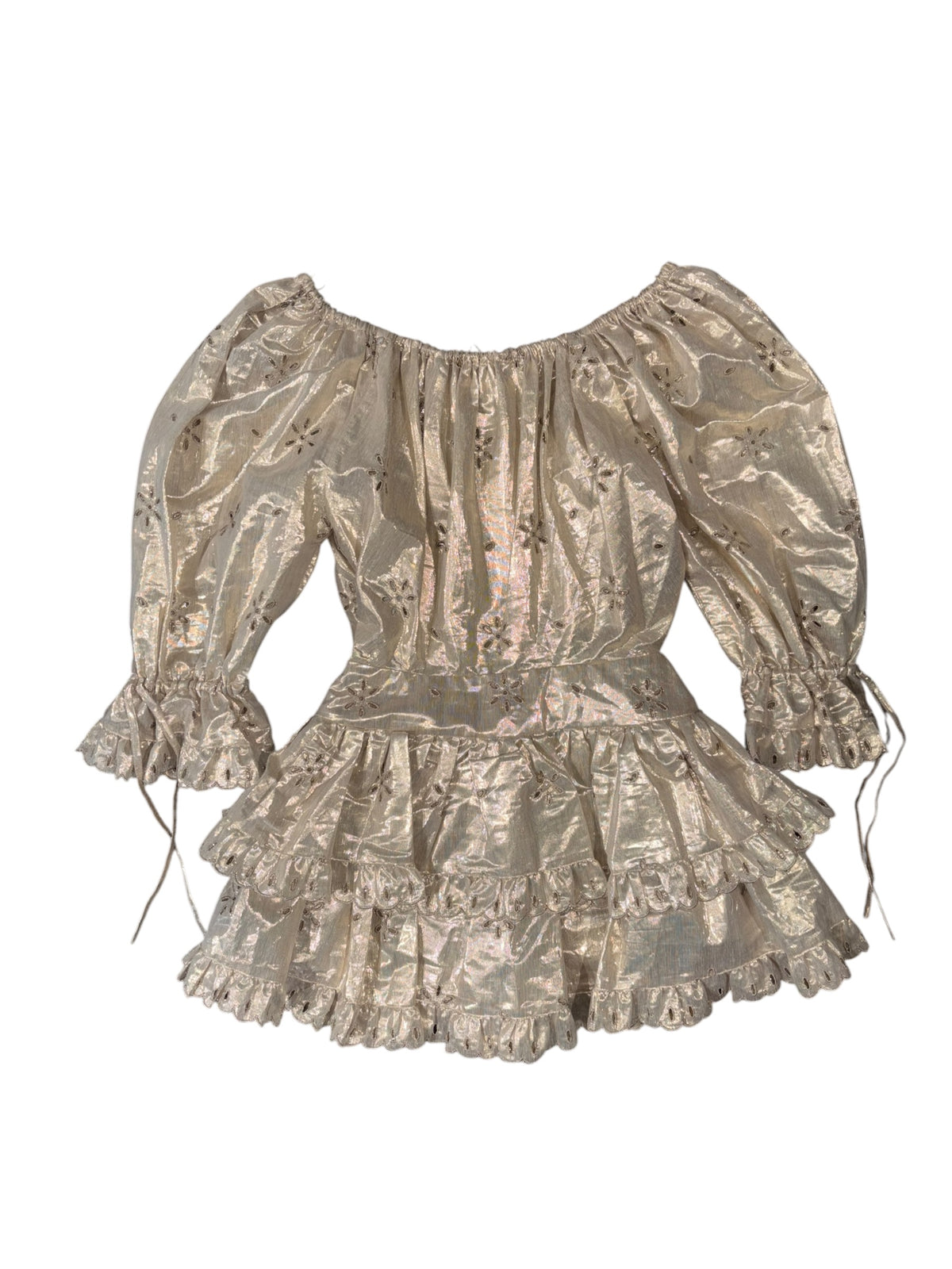 Gold Alice mccall Metallic eyelet puff sleeve dress, 4