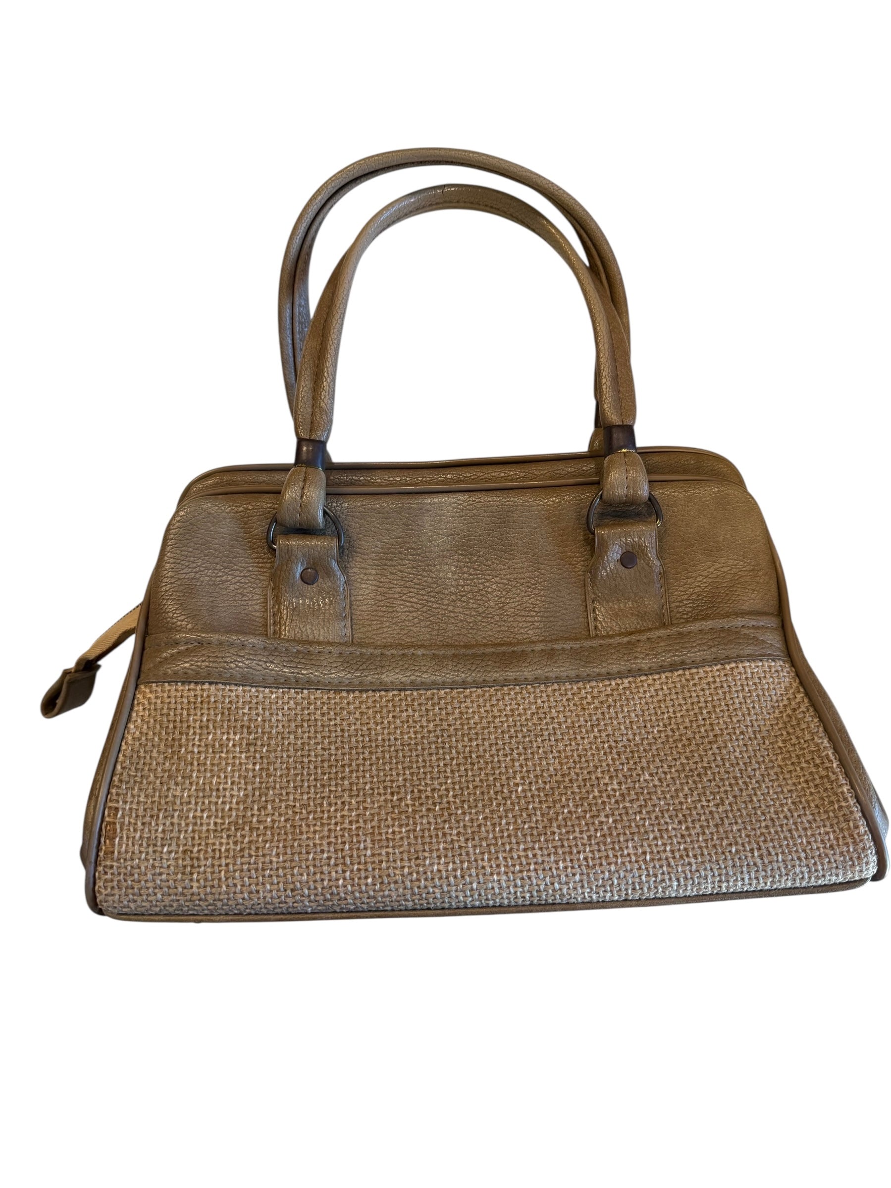 tan brown  raffia pebbled leather hand bag