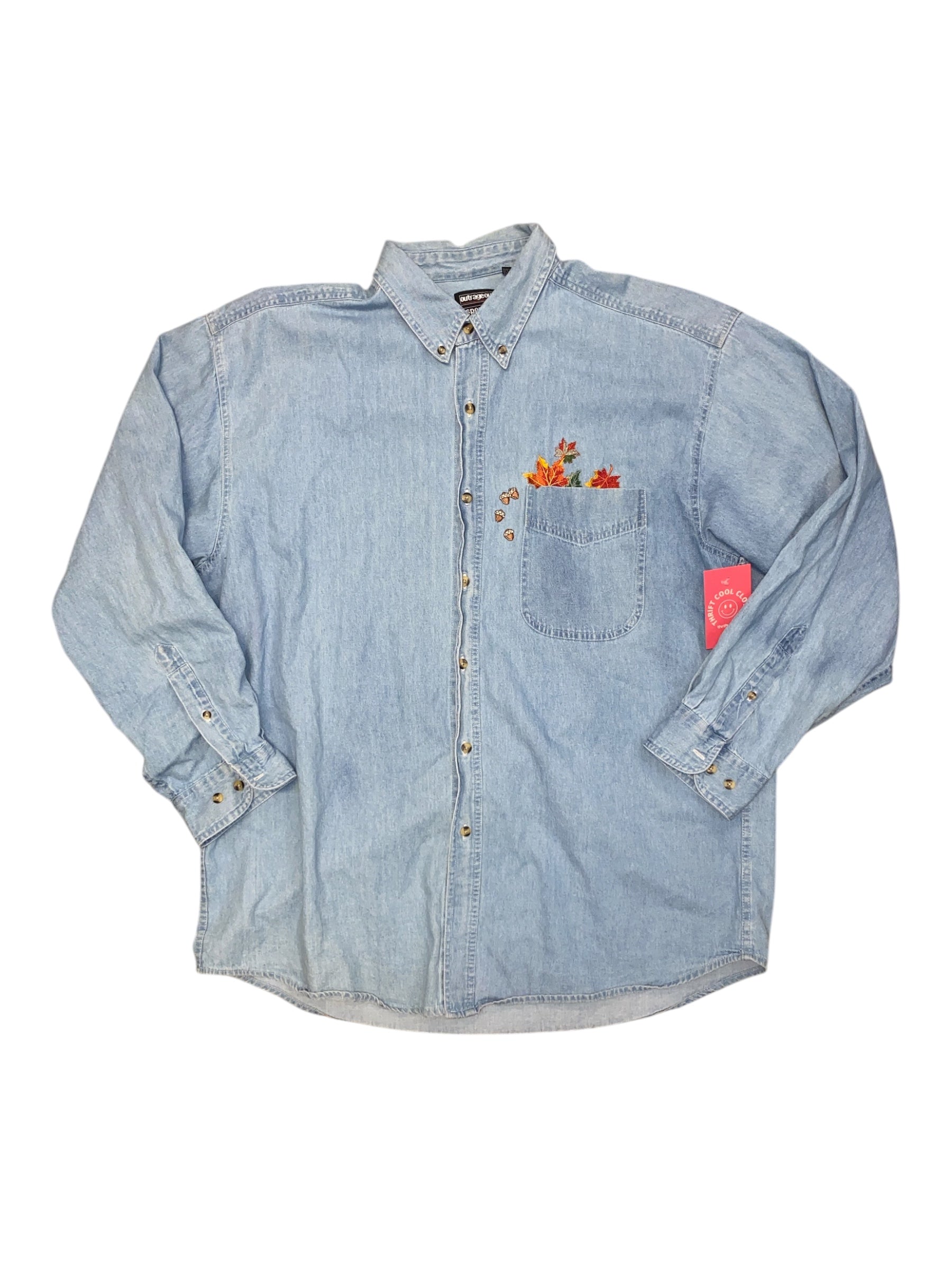 blue outrageous sports denim leaf button down, xl