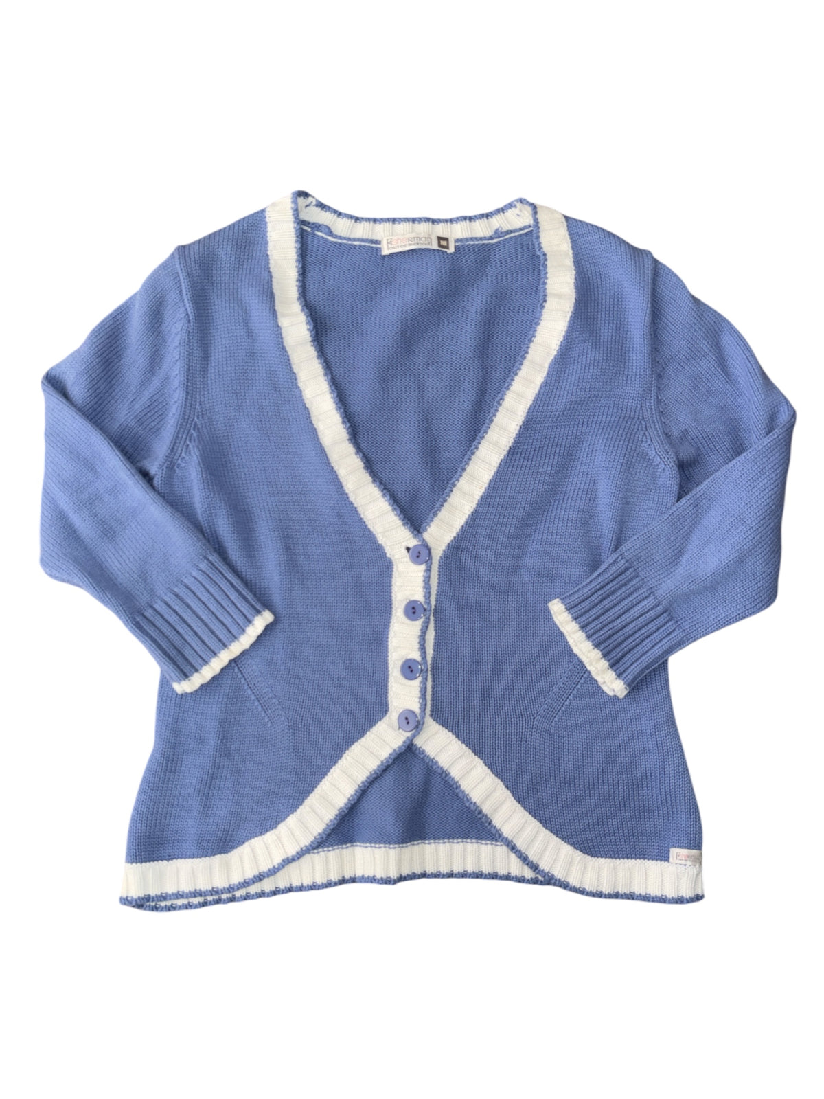 blue white sherman knit v neck cardigan, m