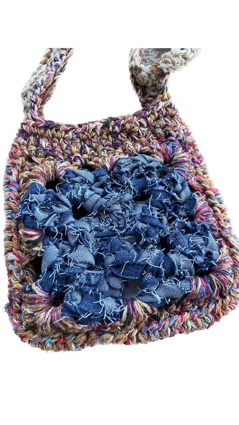 pink purple multi  handmade upcycled denim crochet crossbody bag