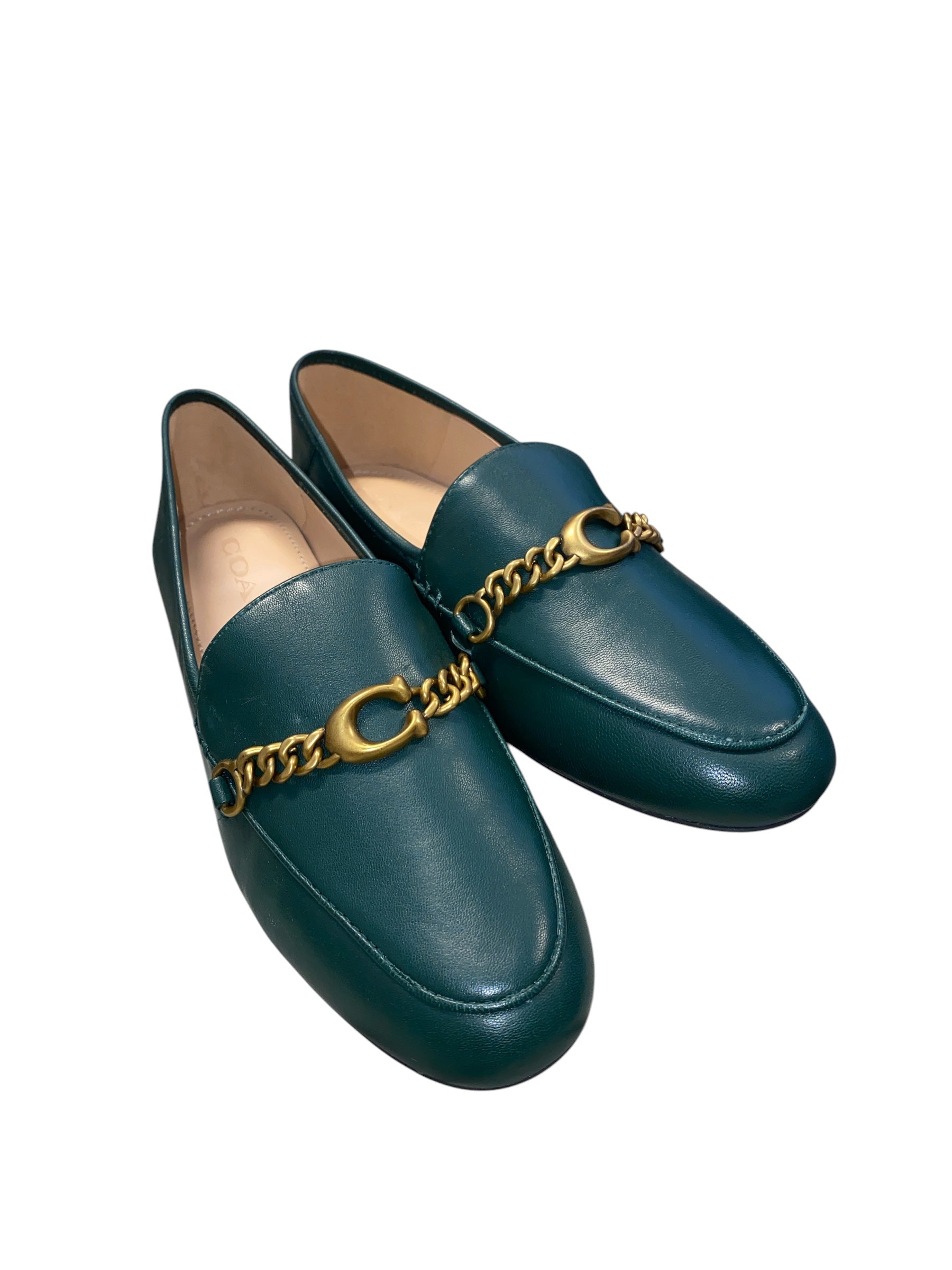 green coach leather loafers gold chain, 6