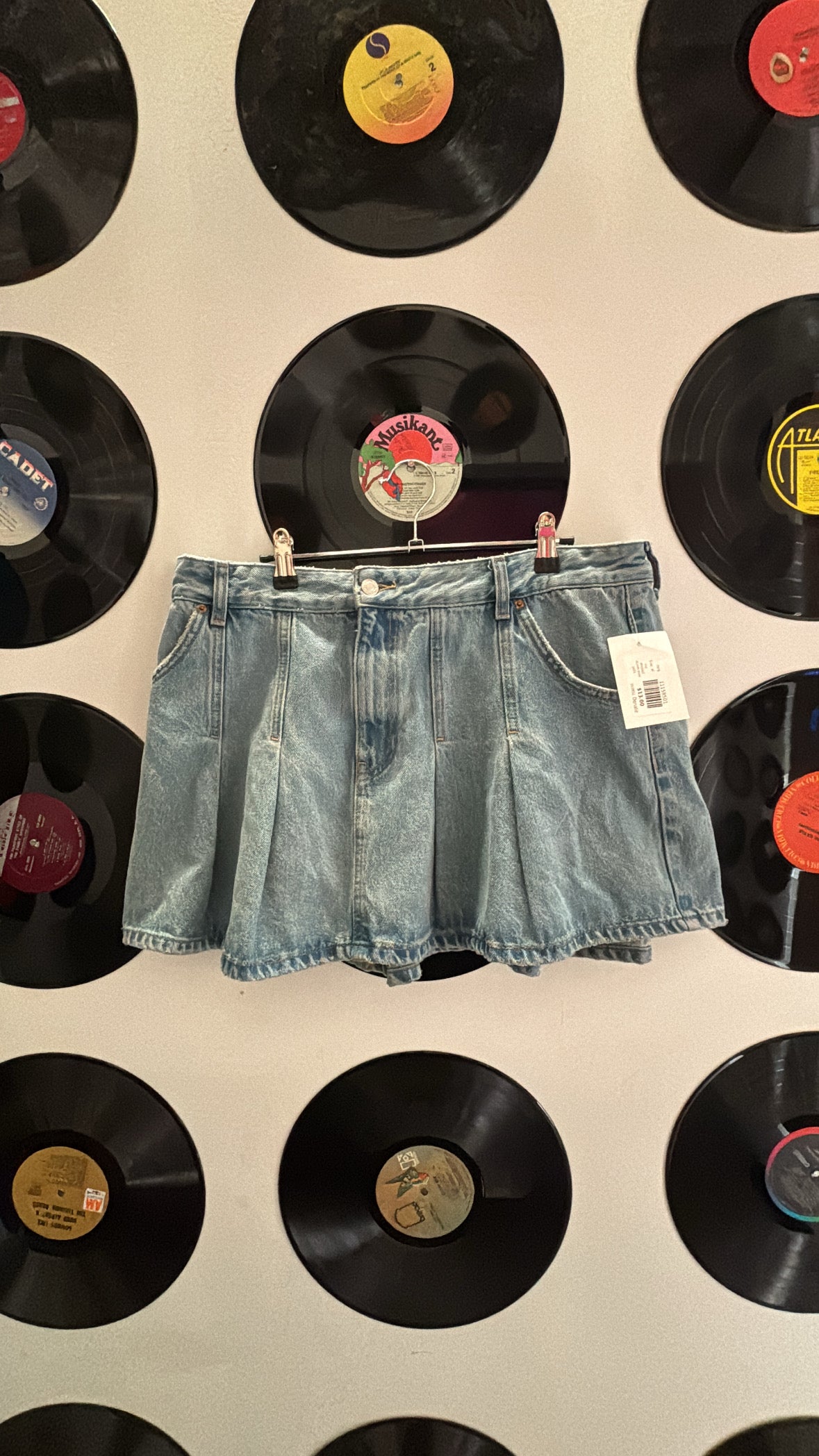 blue zara pleated denim mini skirt, xl