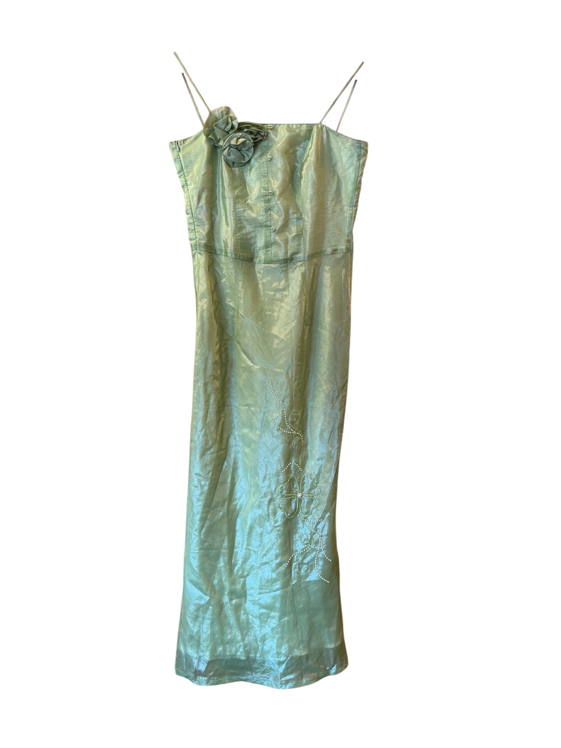 Green vtg 3d flower beaded gown, fits like 6-8