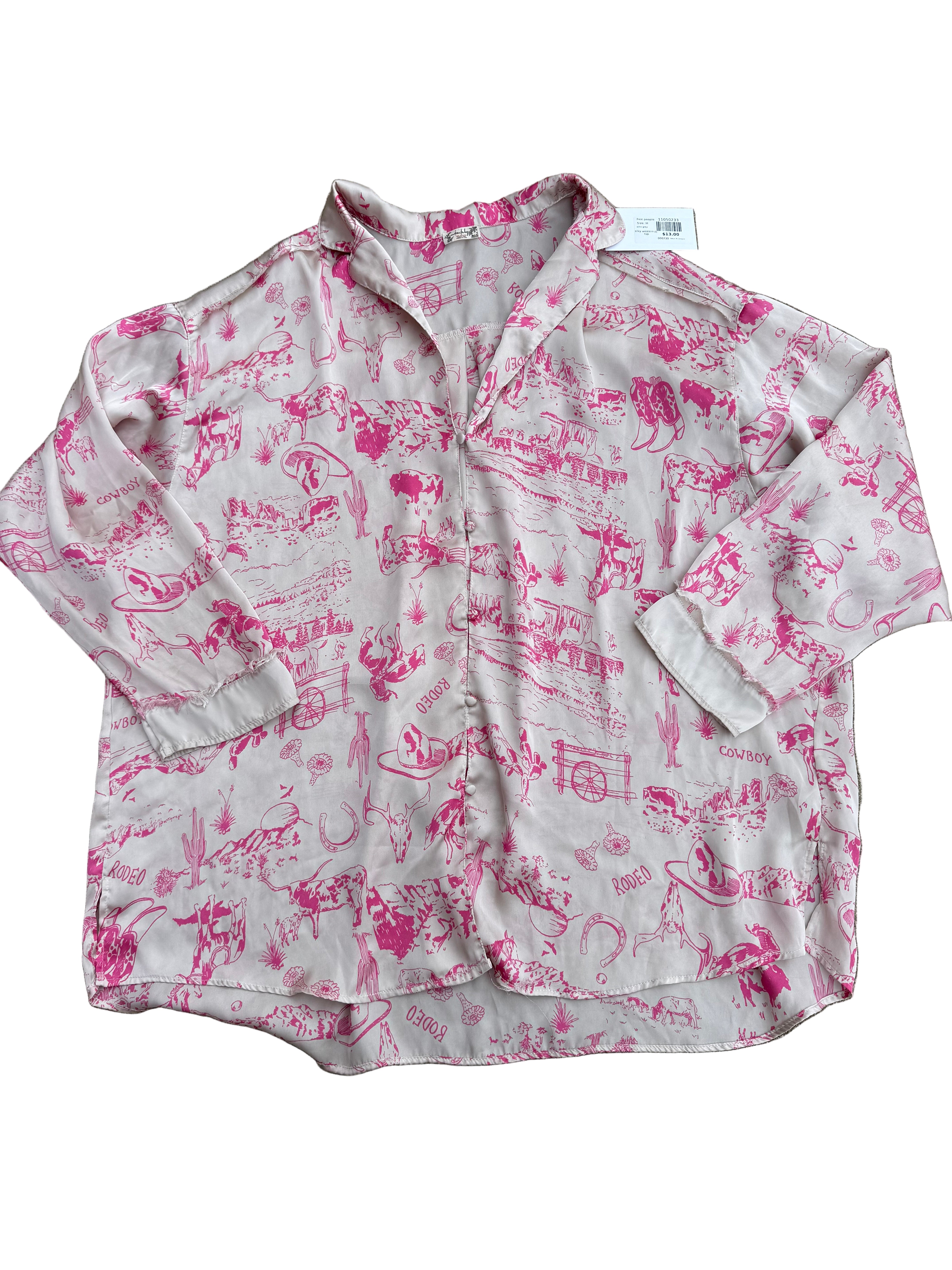 pink grey free people silky western pj top, M