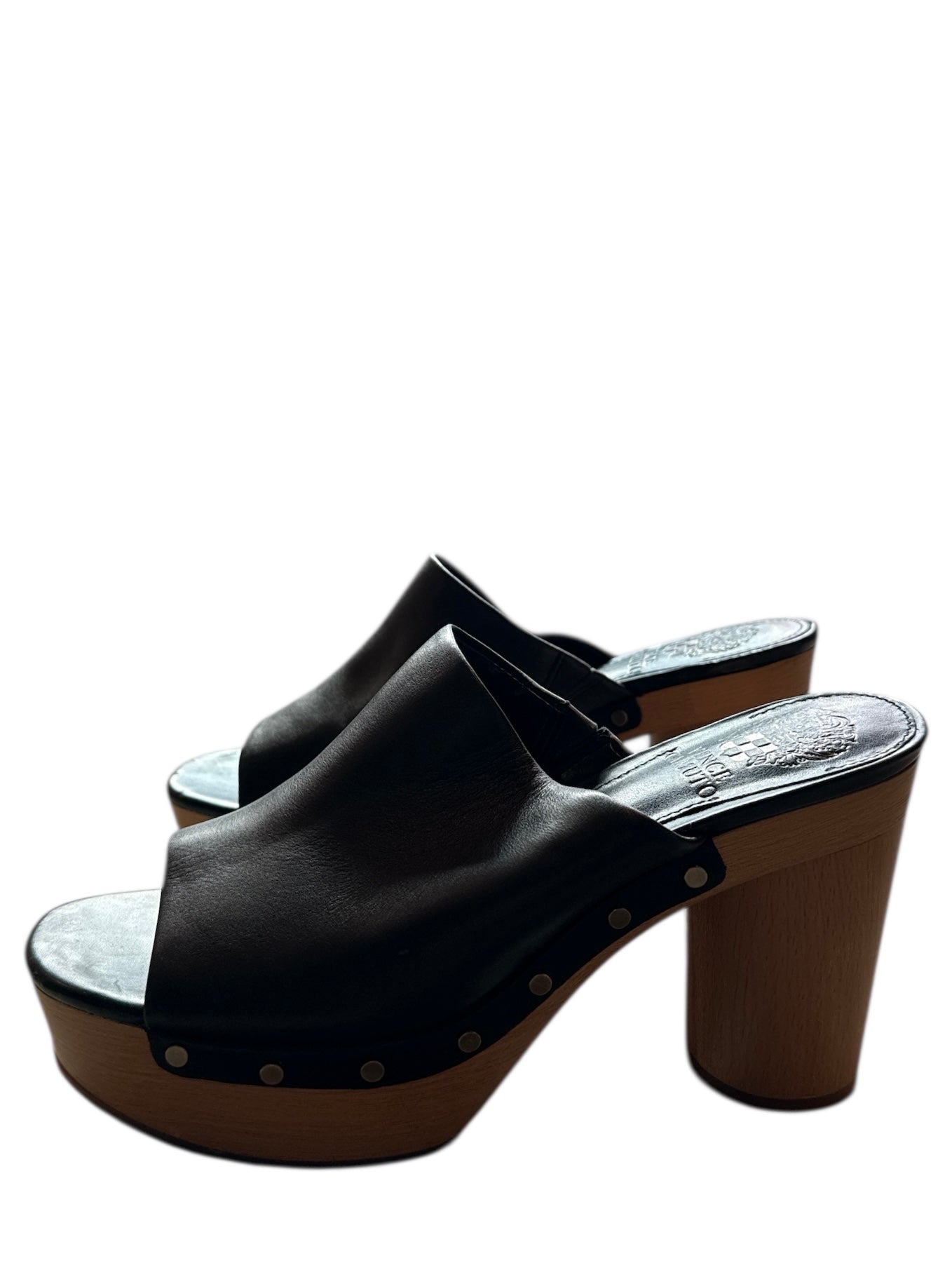 black vince camuto wooden heeled clogs, 7.5