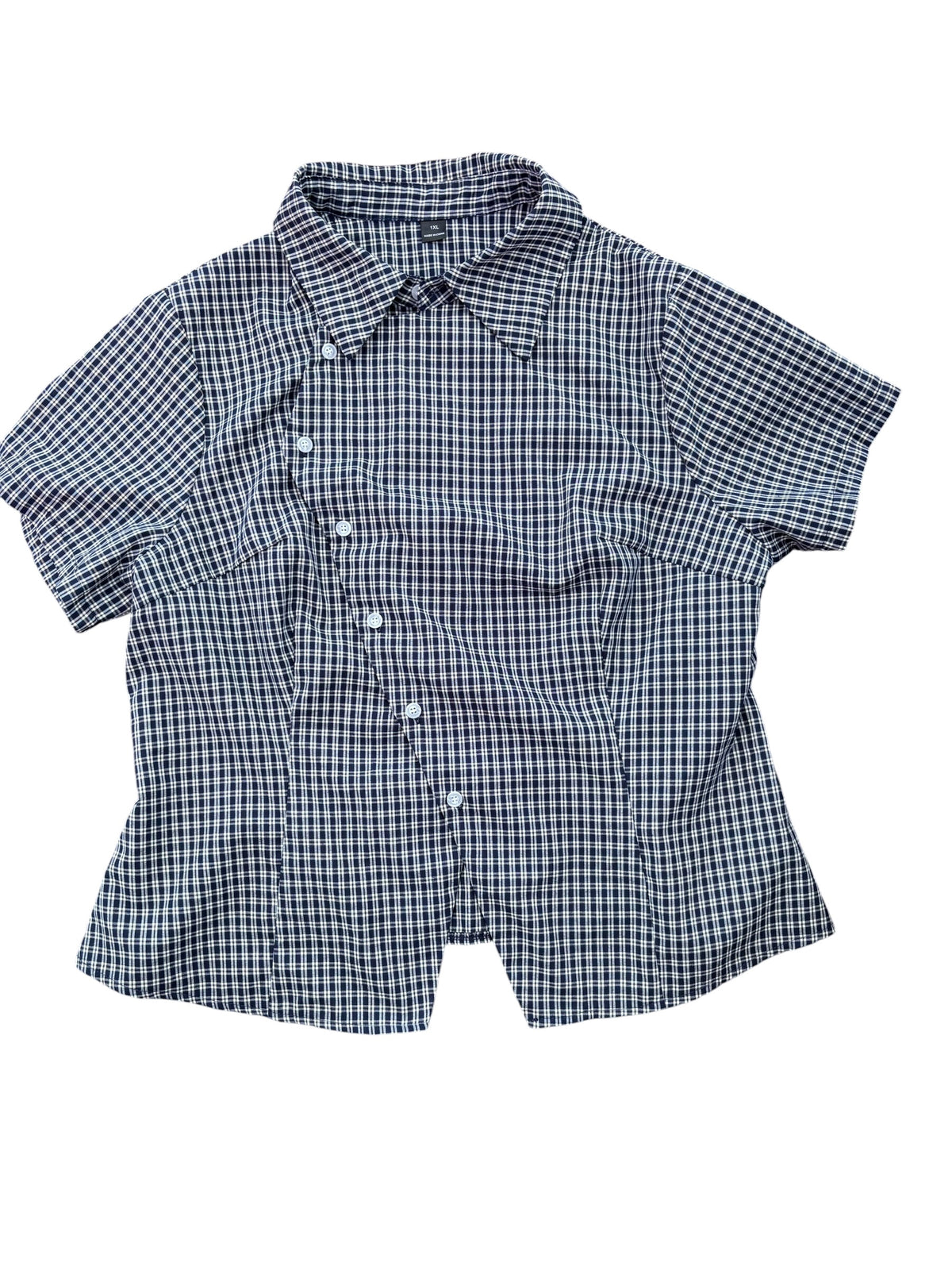 navy white shein asymmetrical button up ss, 1x