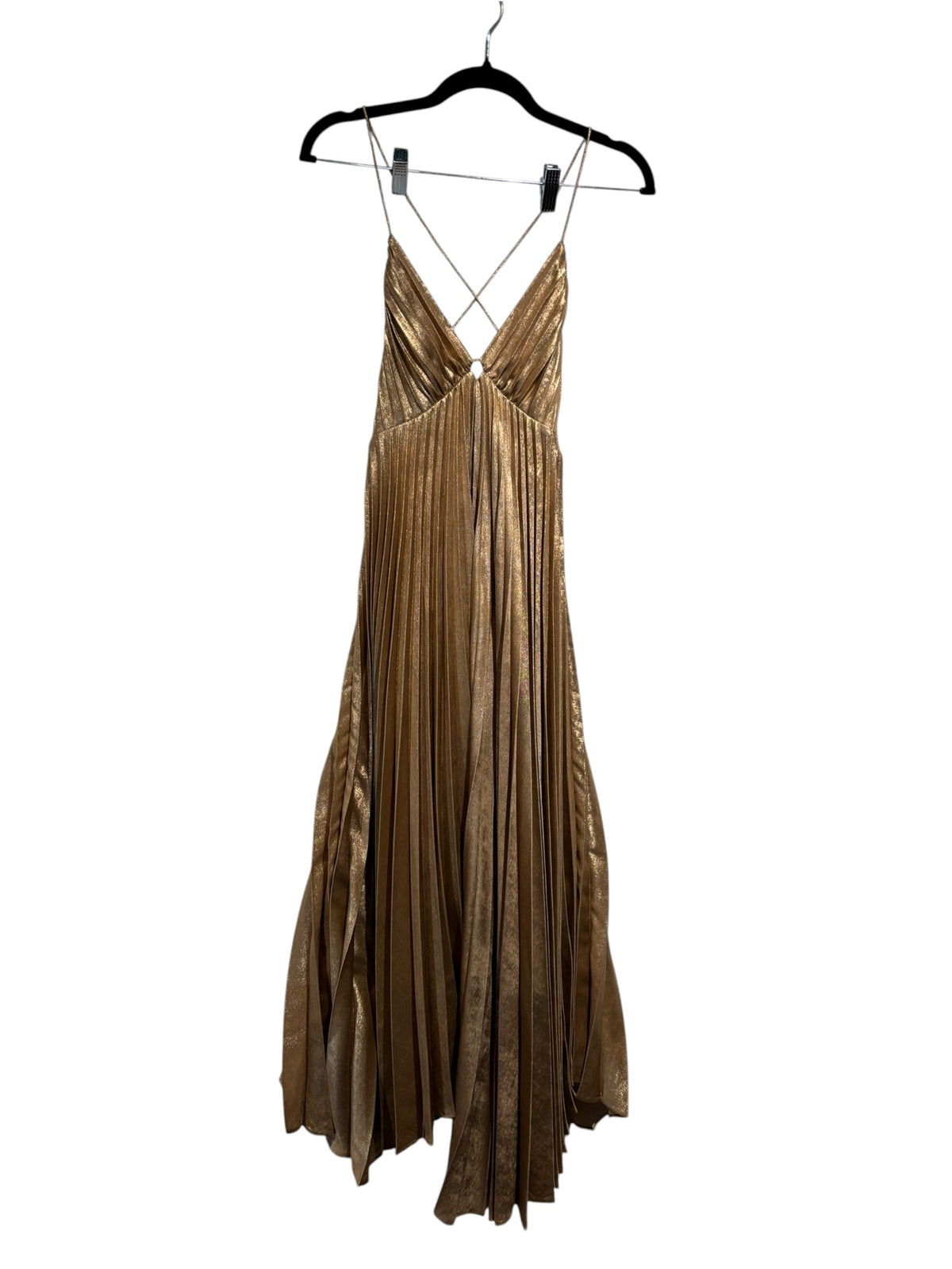 gold acler metallic pleated lace up maxi dress, xs