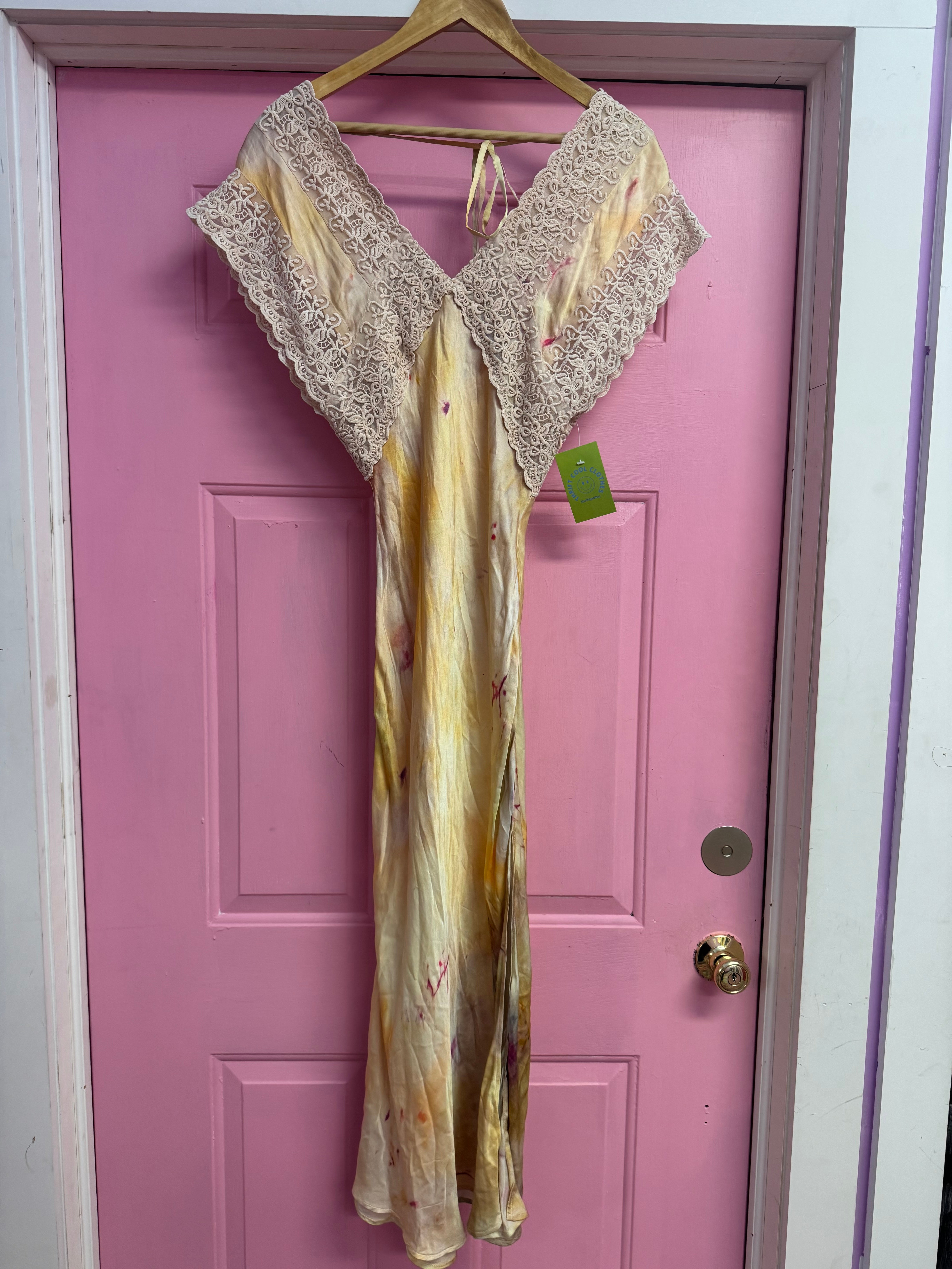 pink yellow jen's pirate booty lace trim watercolor silky maxi dress, m