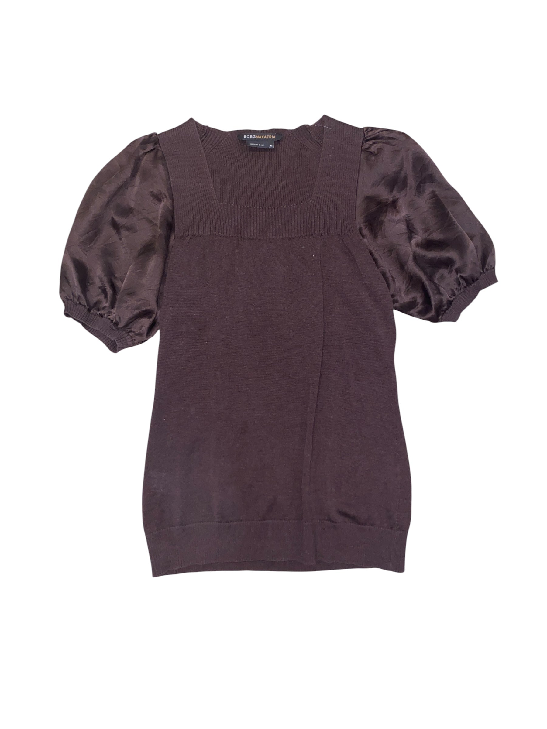 Brown BCBG Ribbed sweater top w silk puff sleeve, m