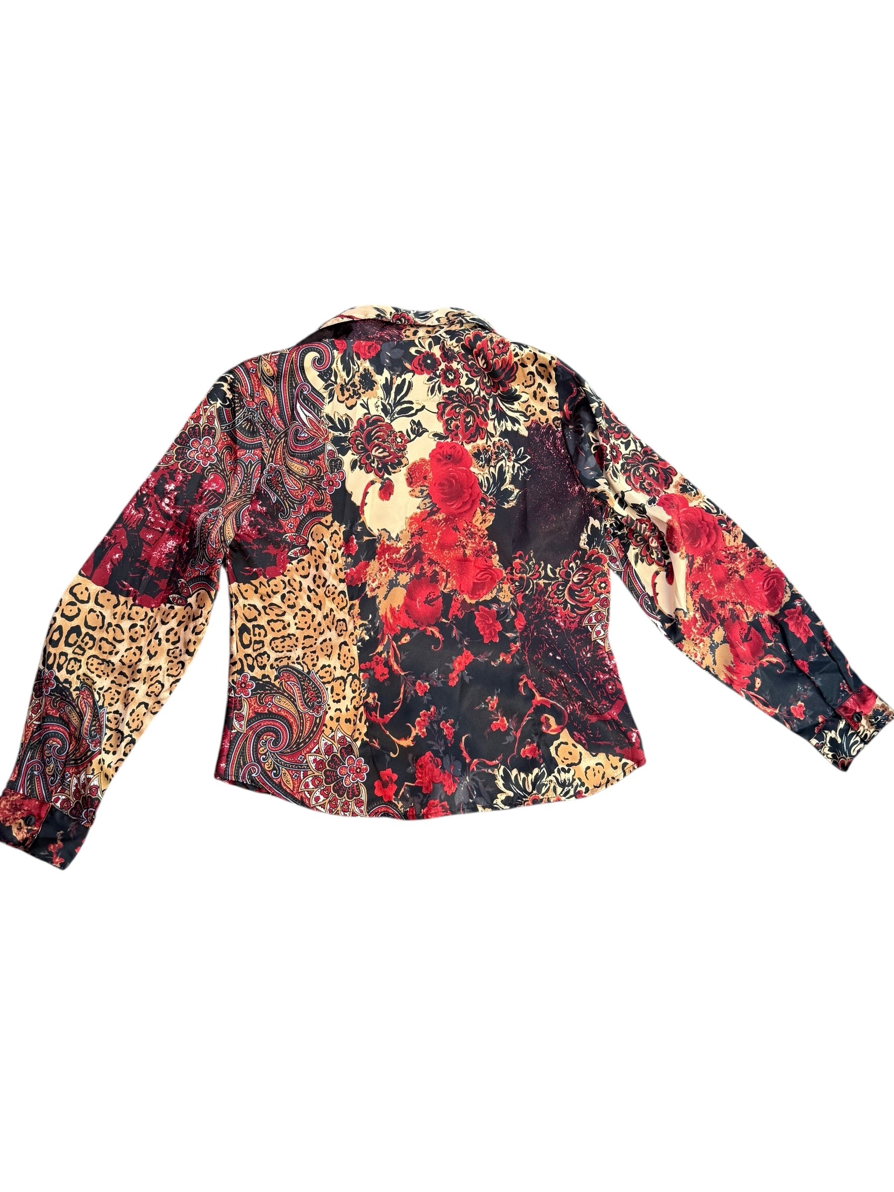 red black brown blue diamond silky patterned top, L