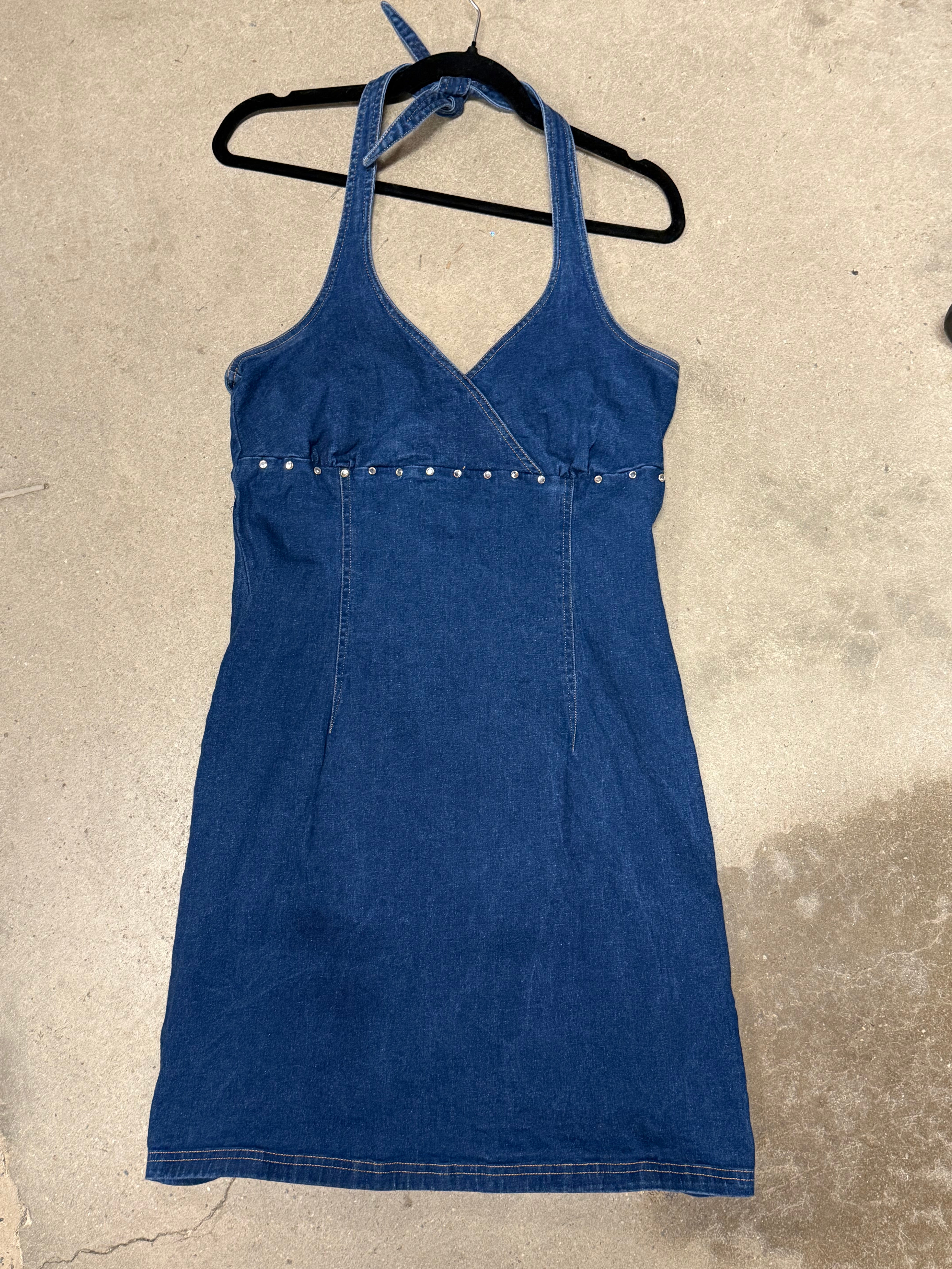 blue California concepts denim bedazzled halter dress, m