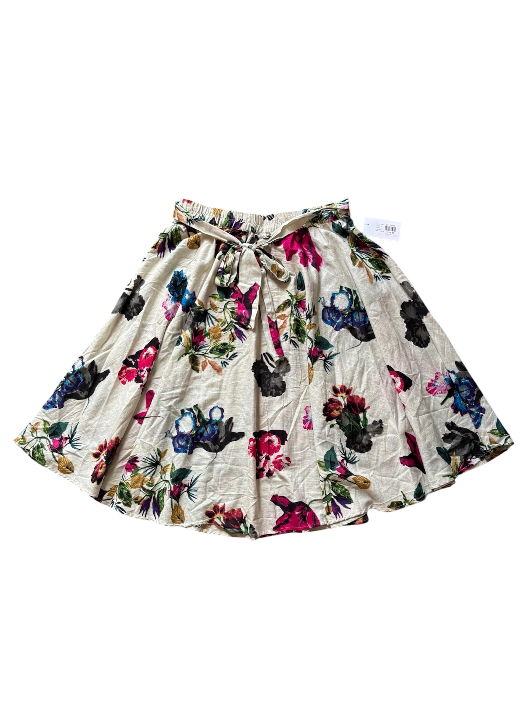 purple pink white roz & ali floral skirt with waist tie, L