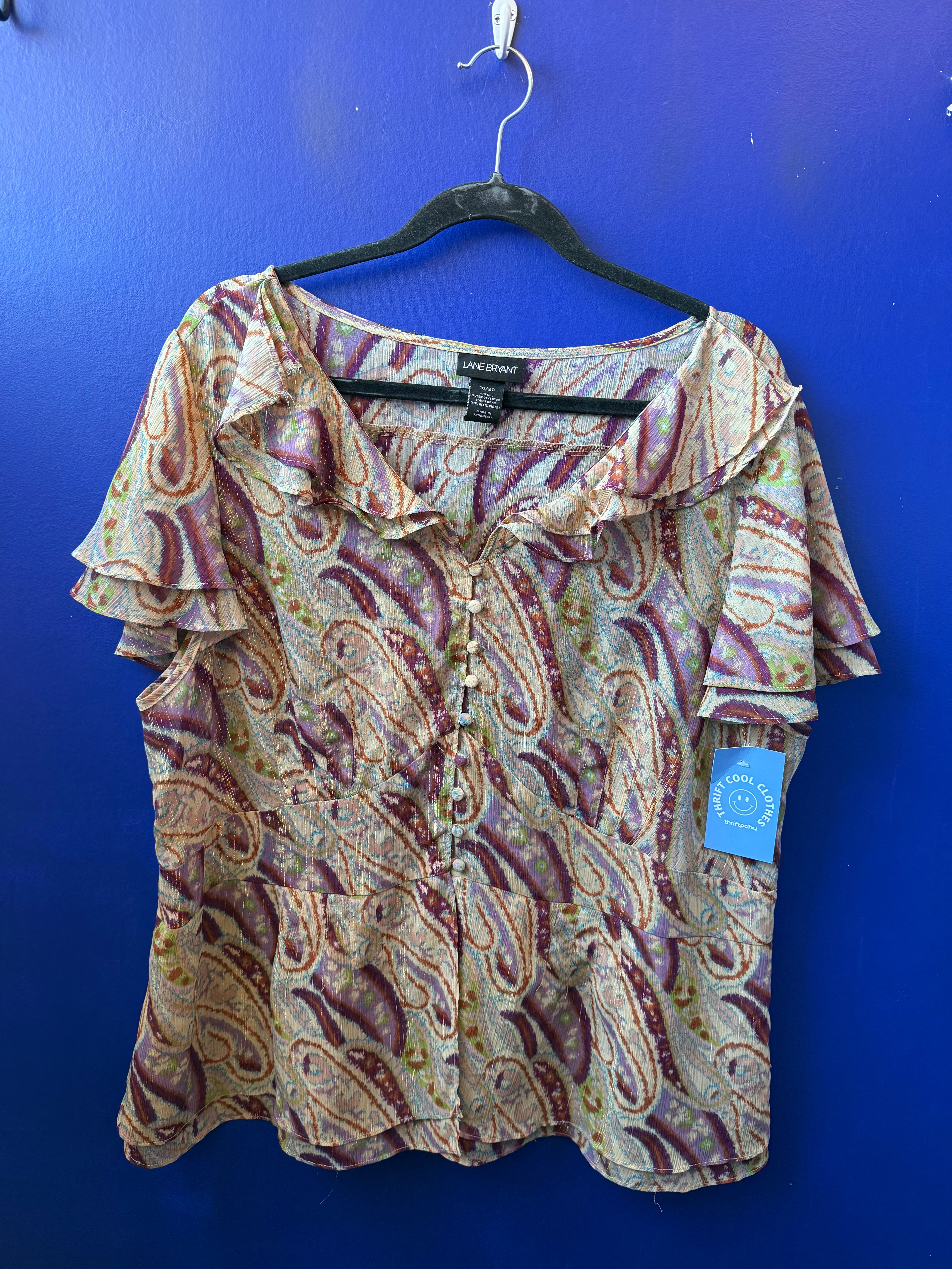 brown purple lane bryant whimsy ss ruffle top, 18/20