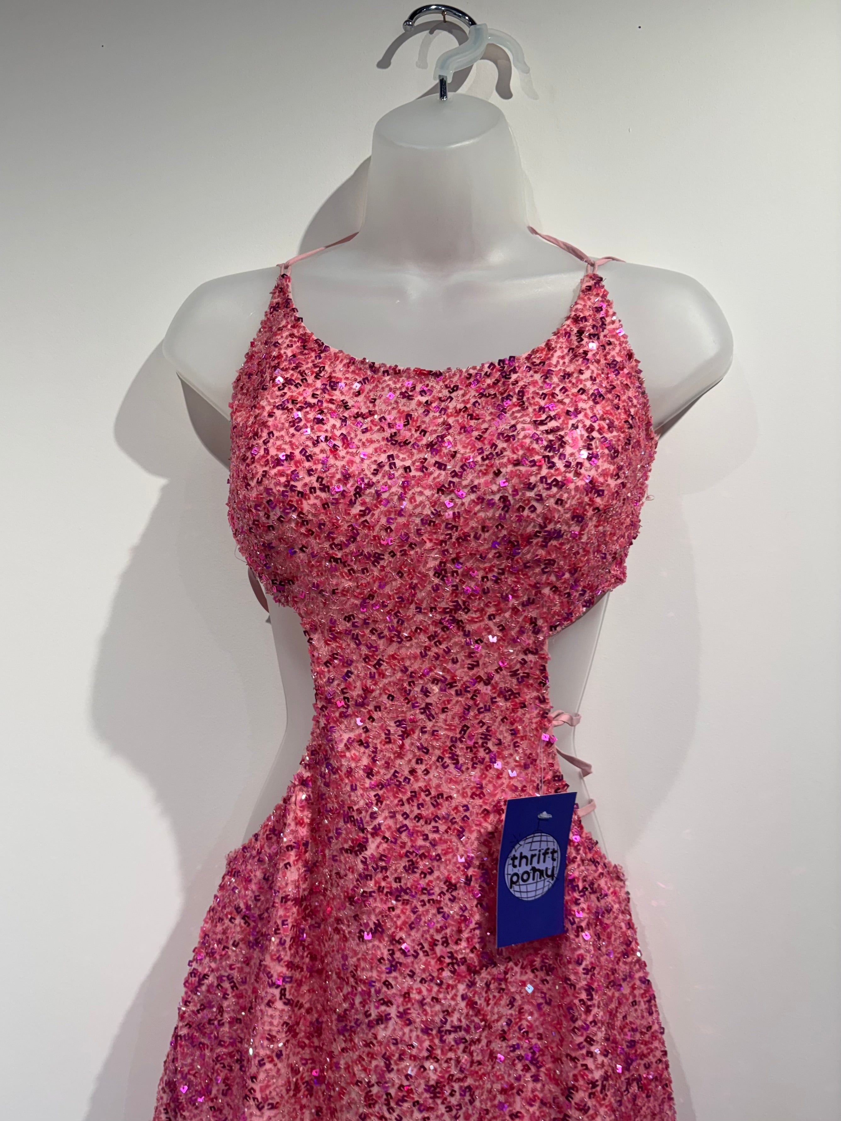 pink interlude 100% silk vtg beaded gown, s