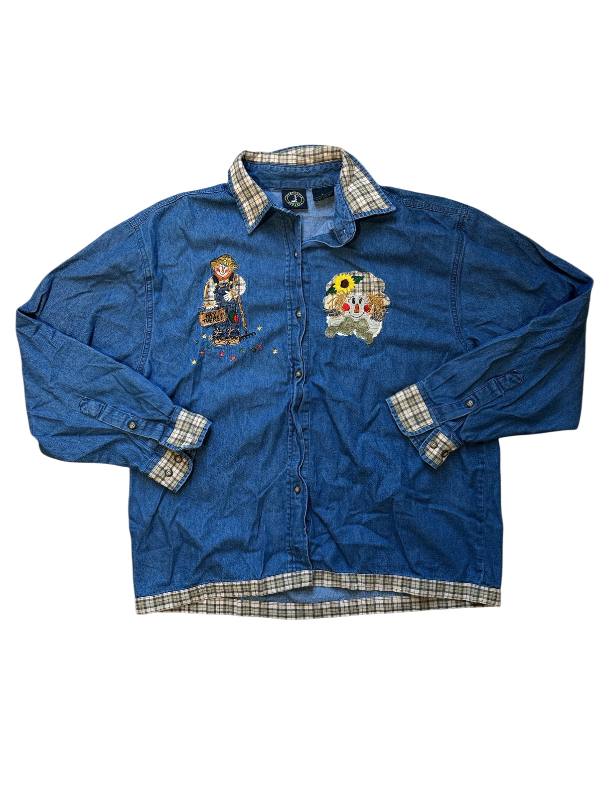 blue brown light house apparel chambray plaid scarecrow button up, L