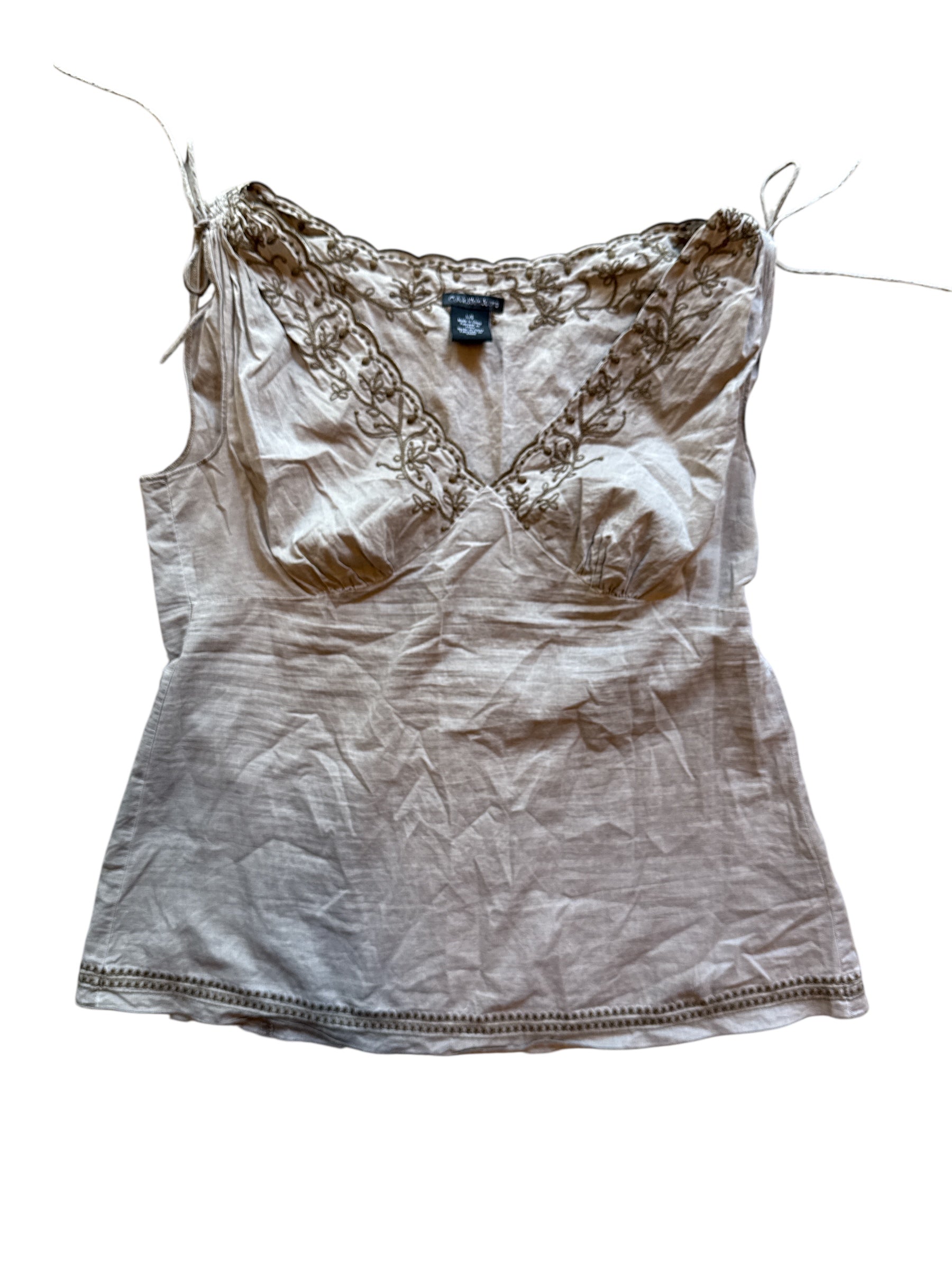 gray green calvin klein embroider v neck ruch sleeve blous, L