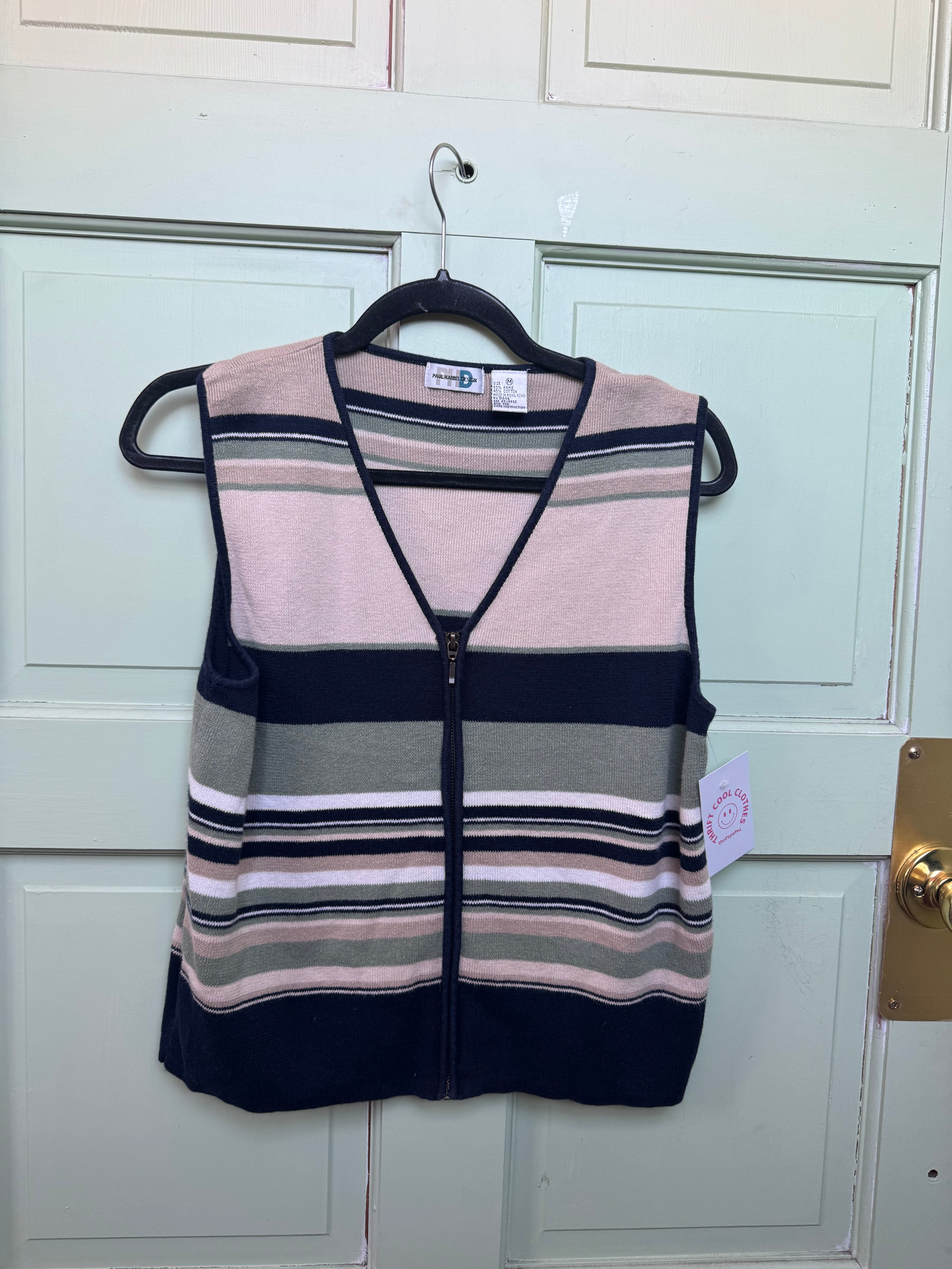 green cream blue paul harris design striped knit vest w zip, m