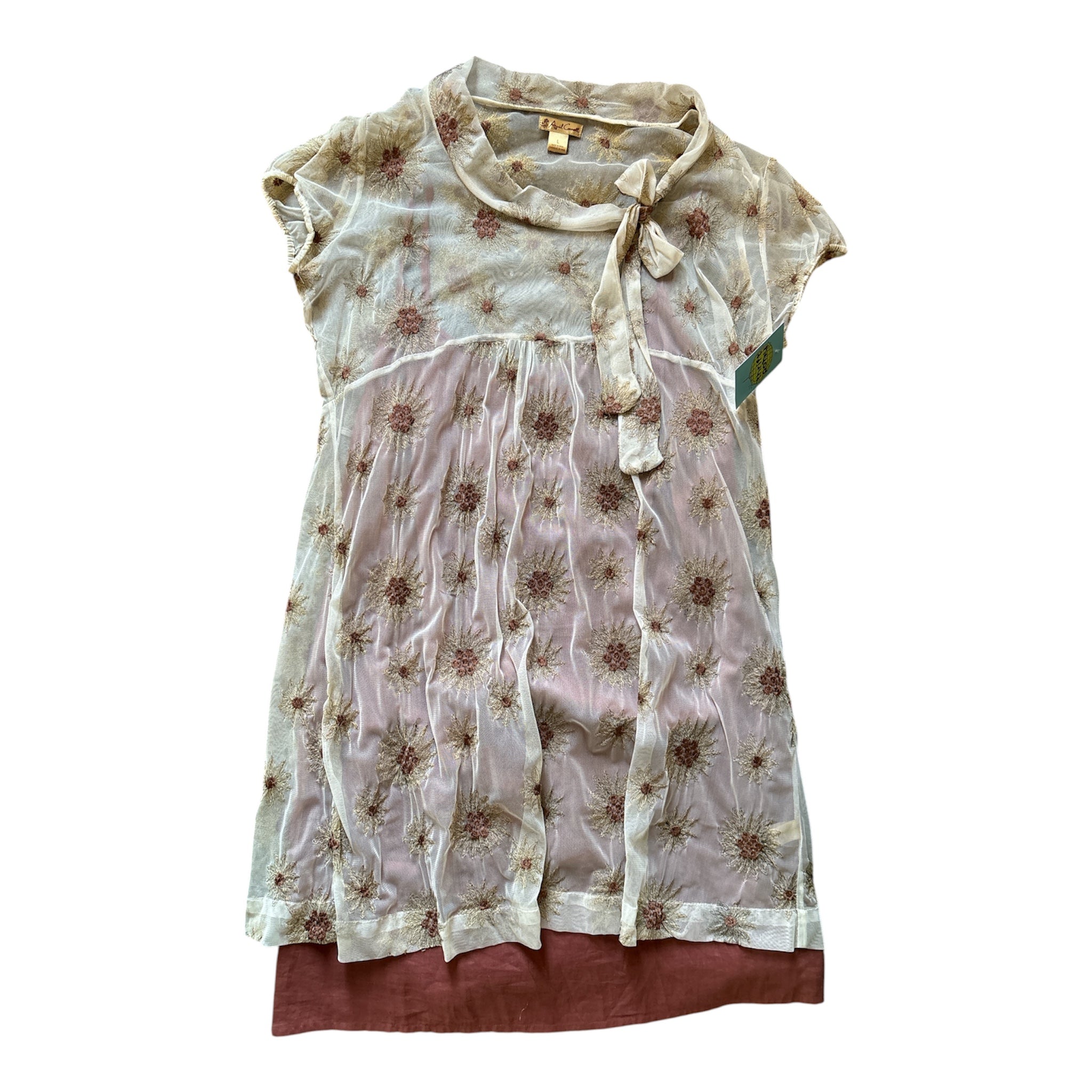 tan red april cornell mesh floral ss midi dress, L