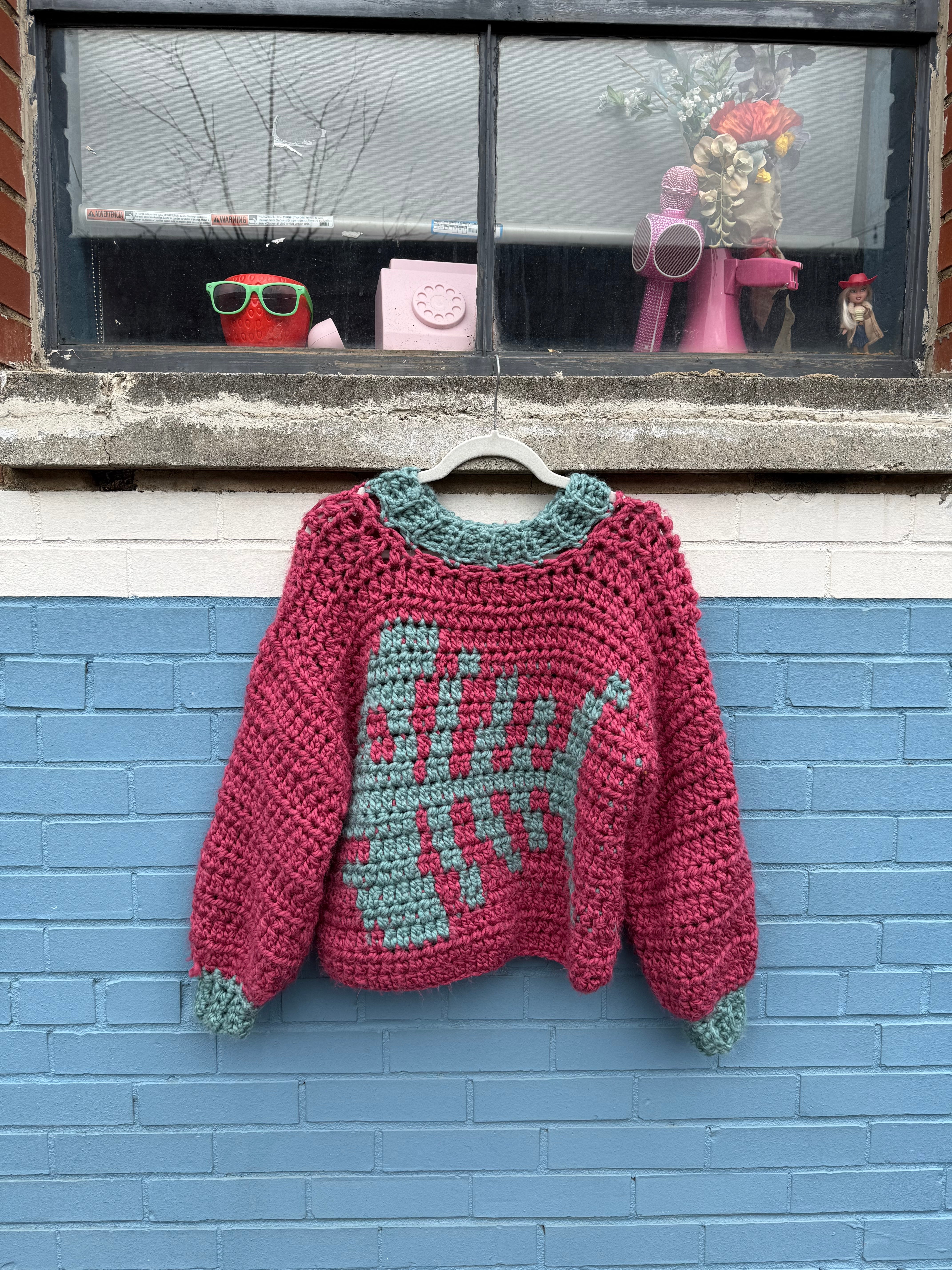 Pink blue  Handmade fishbone crocheted sweater