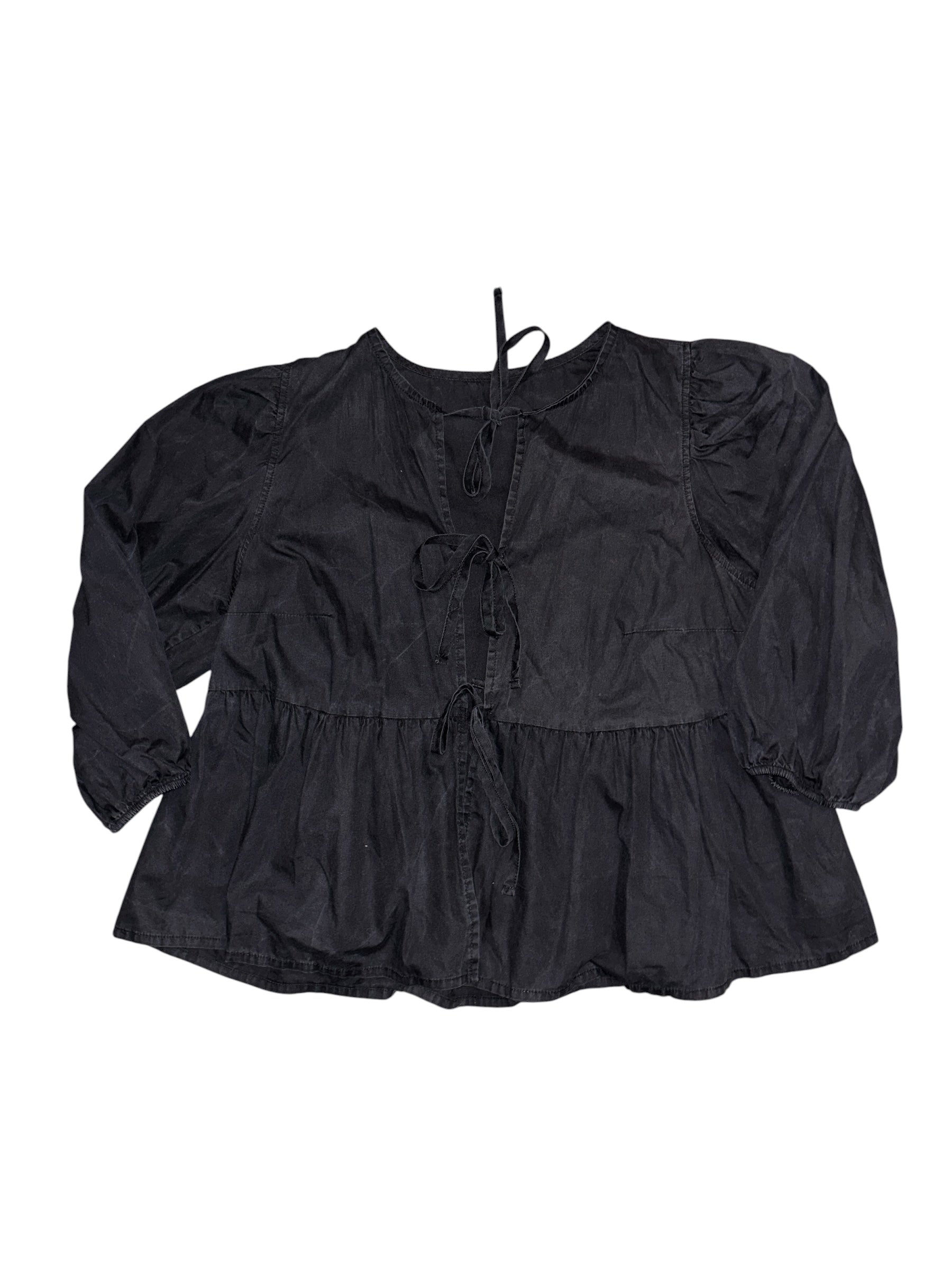black  puff sleeve tie front top, s