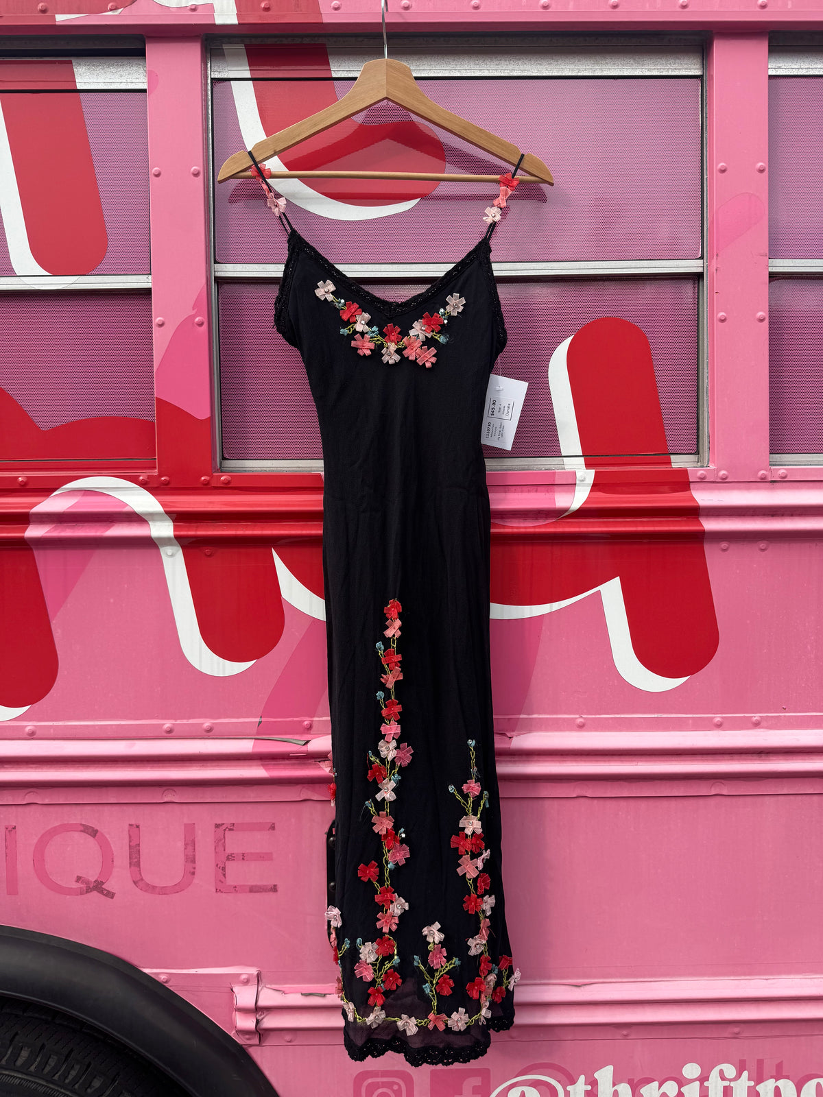 black pink Betsey johnson vtg floral ribbon tank dress, 4
