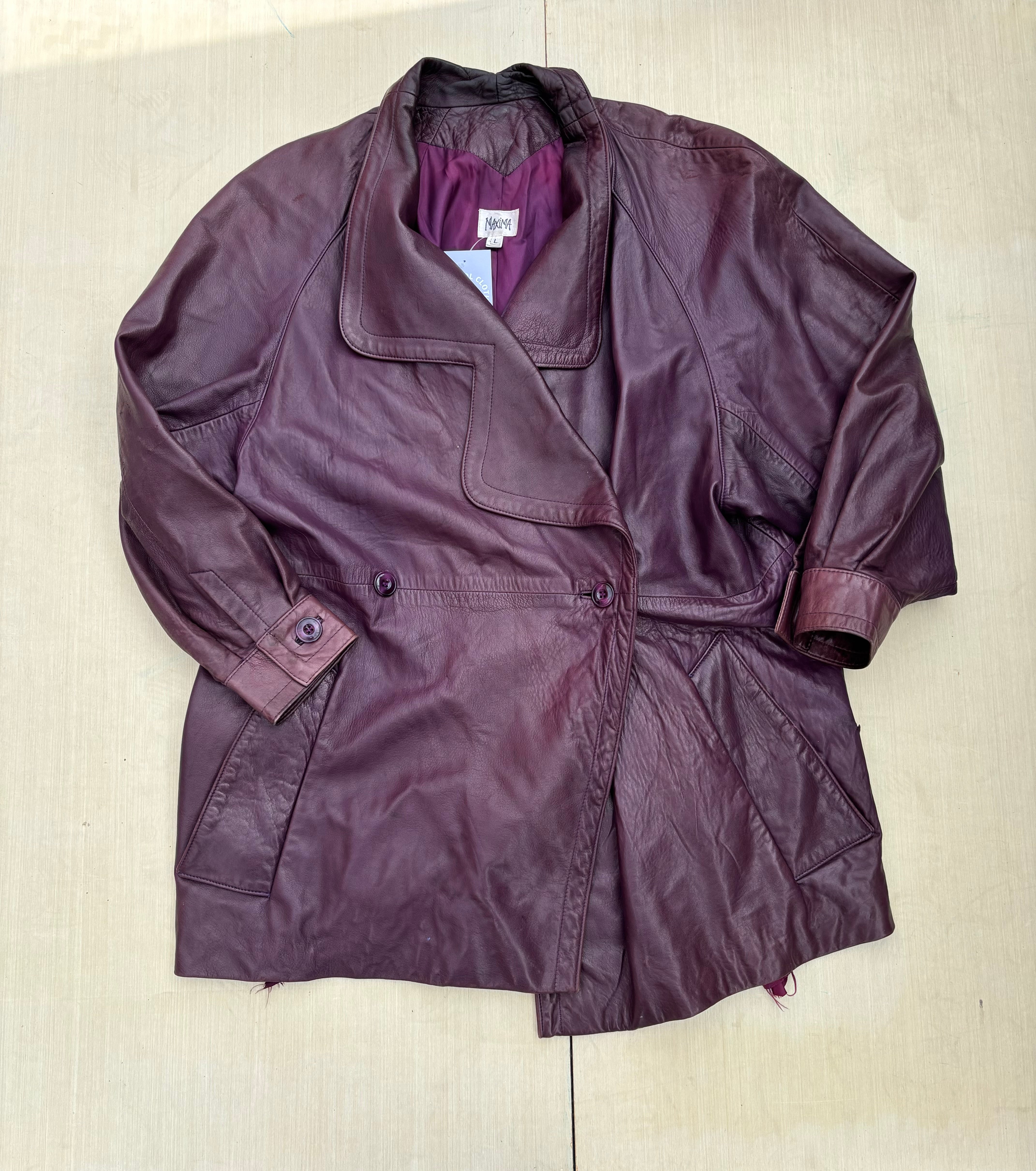 burgundy maxima long leather jacket, L