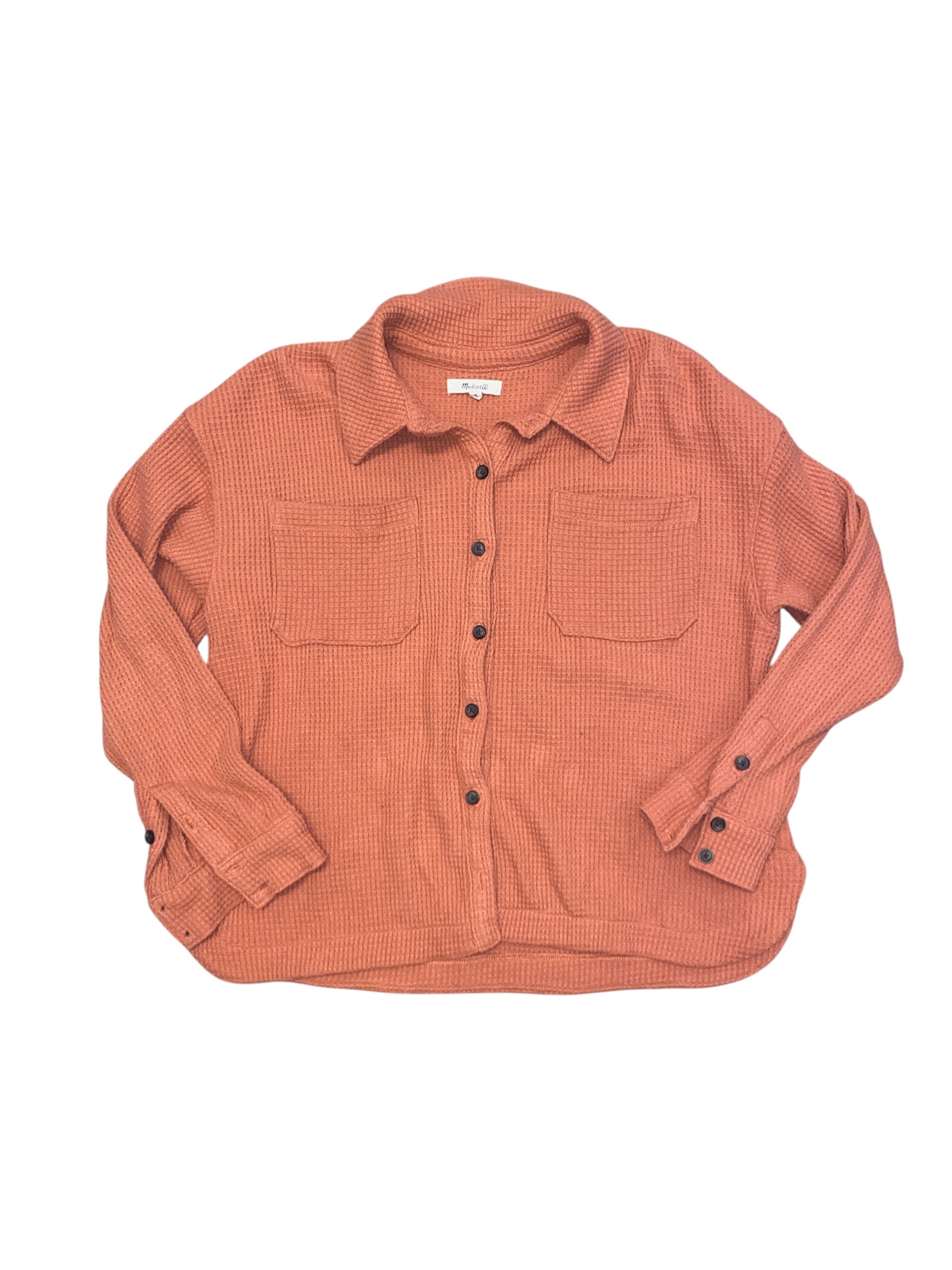 orange madewell waflfe knit button down, m