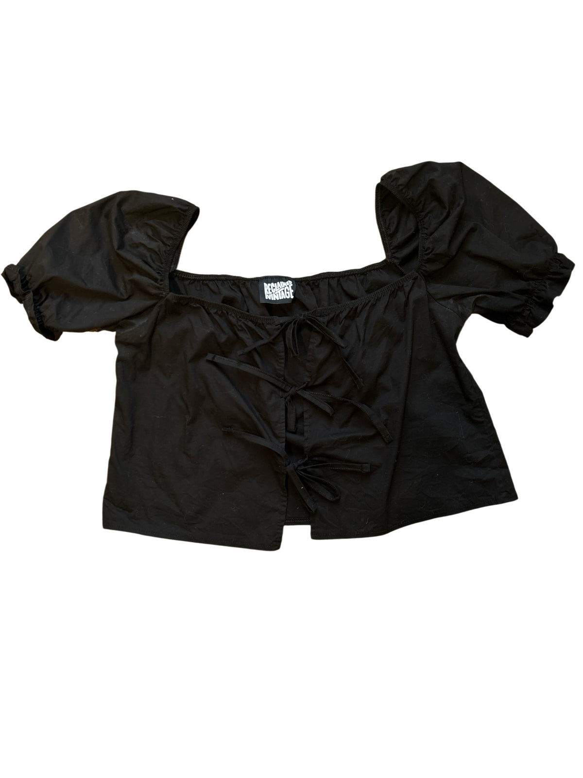black reclaimed vintage tie front puff sleeve ss, m