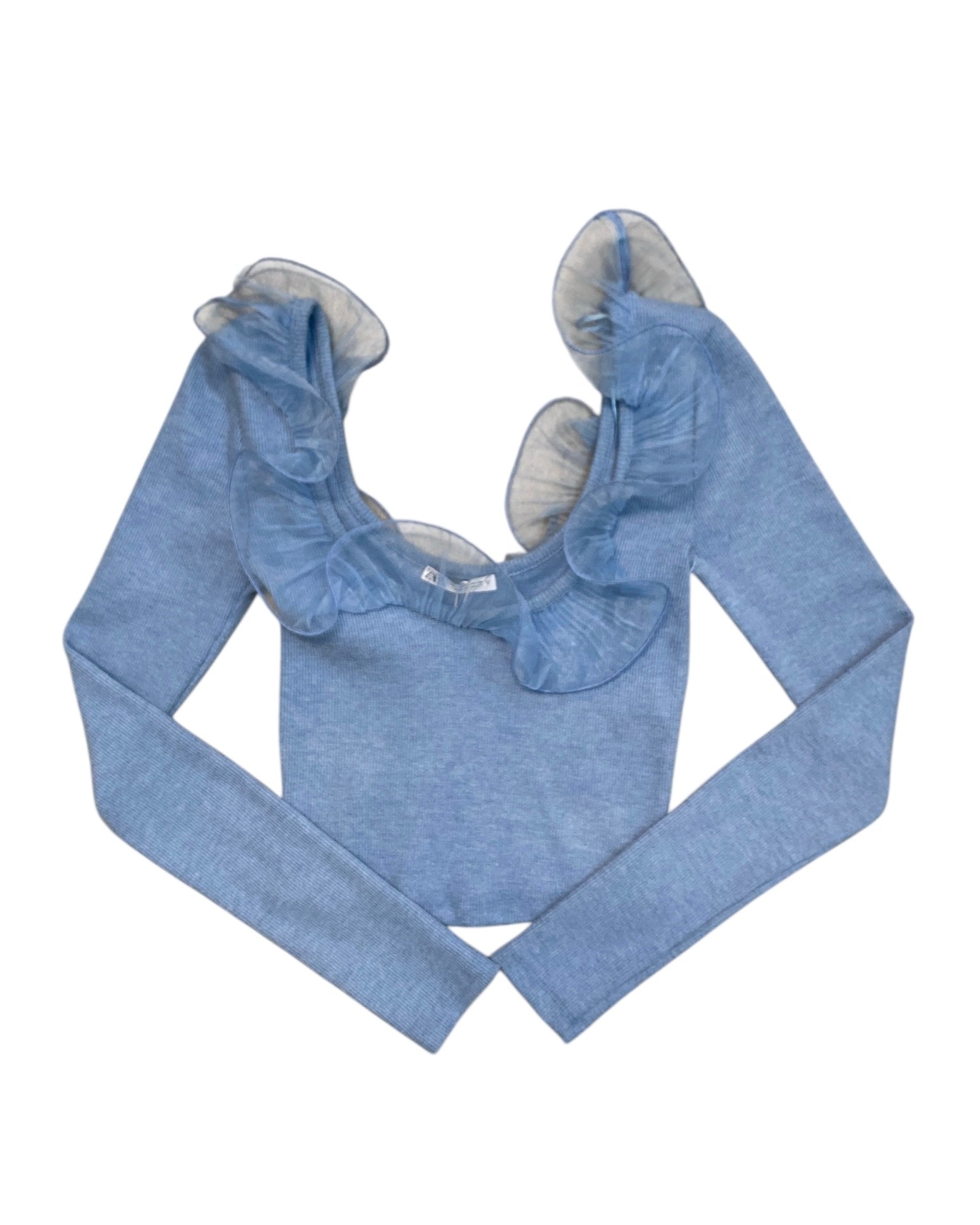 blue zara nwt scoop neck mesh ruffle neck, s
