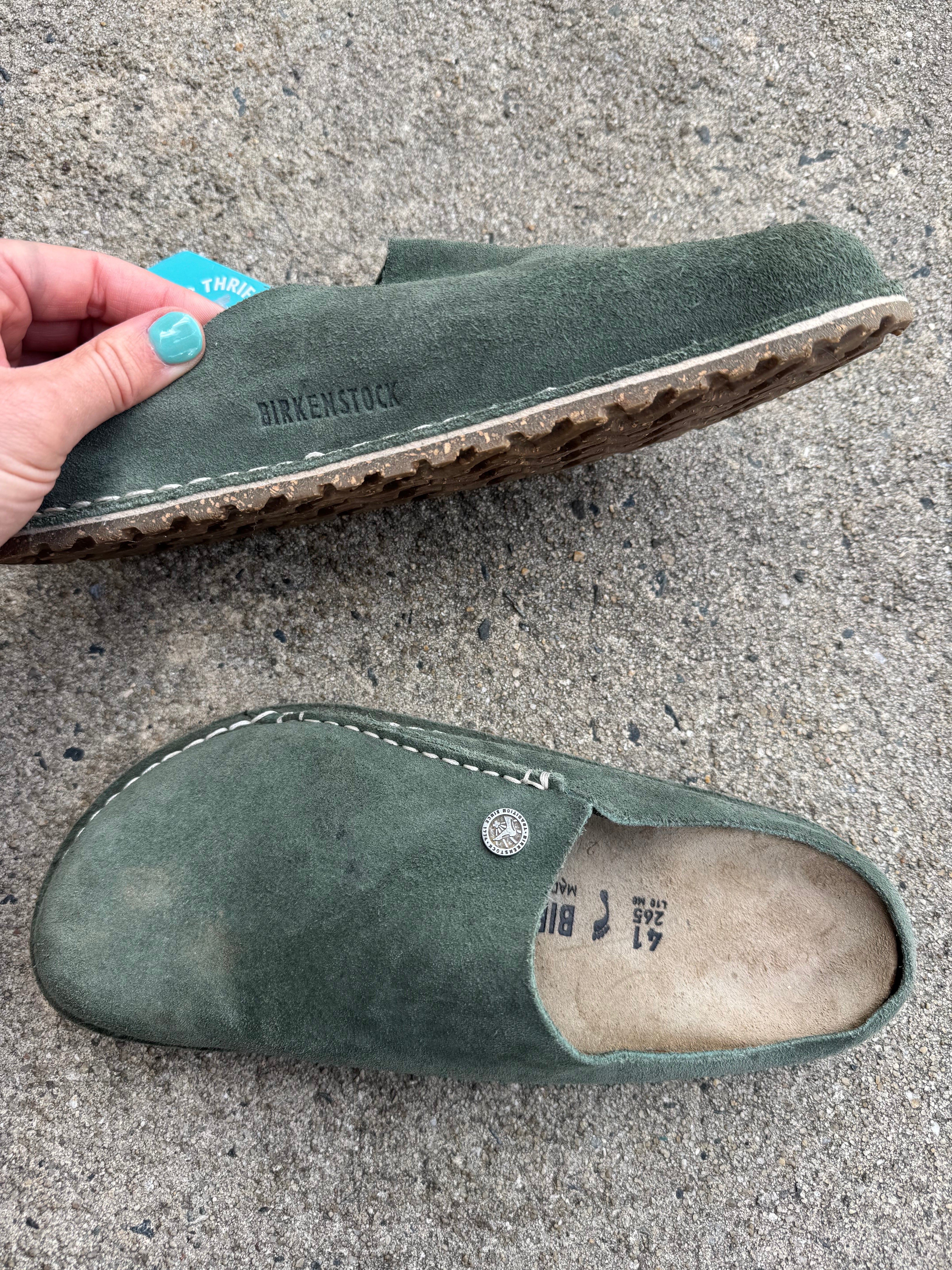 olive Birkenstocks clogs, 41 (womens 10)