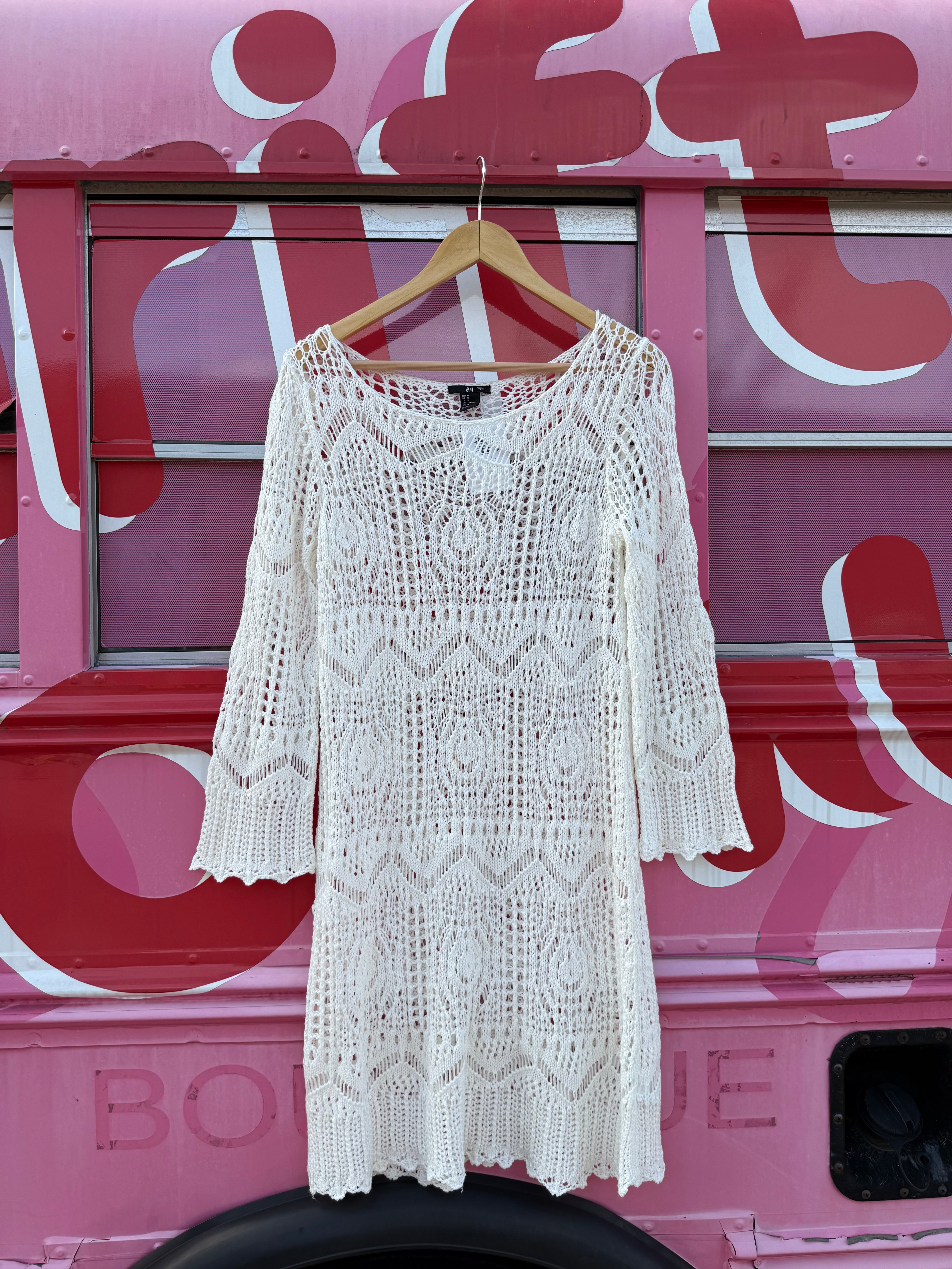white HM crochet mini dress ls, M