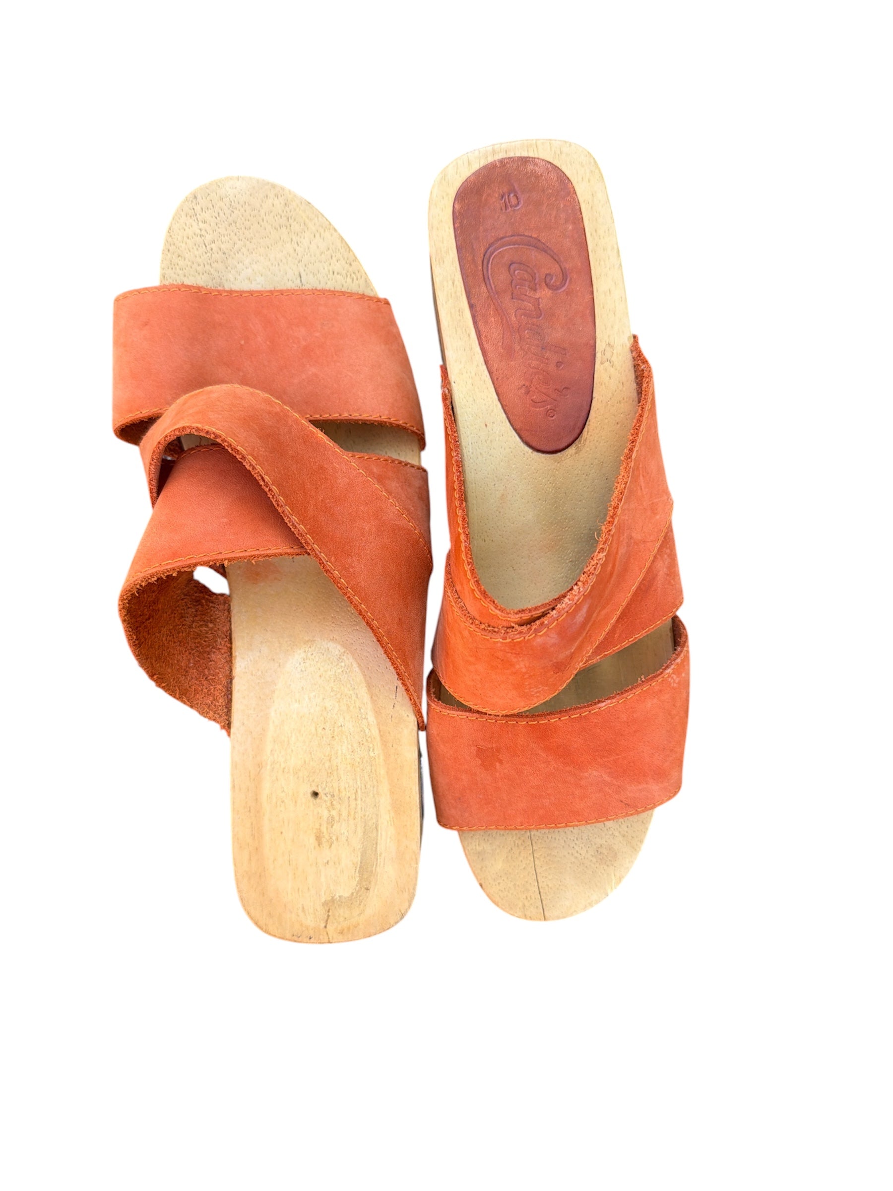 brown orange candies wooden suede heeled mules, 10