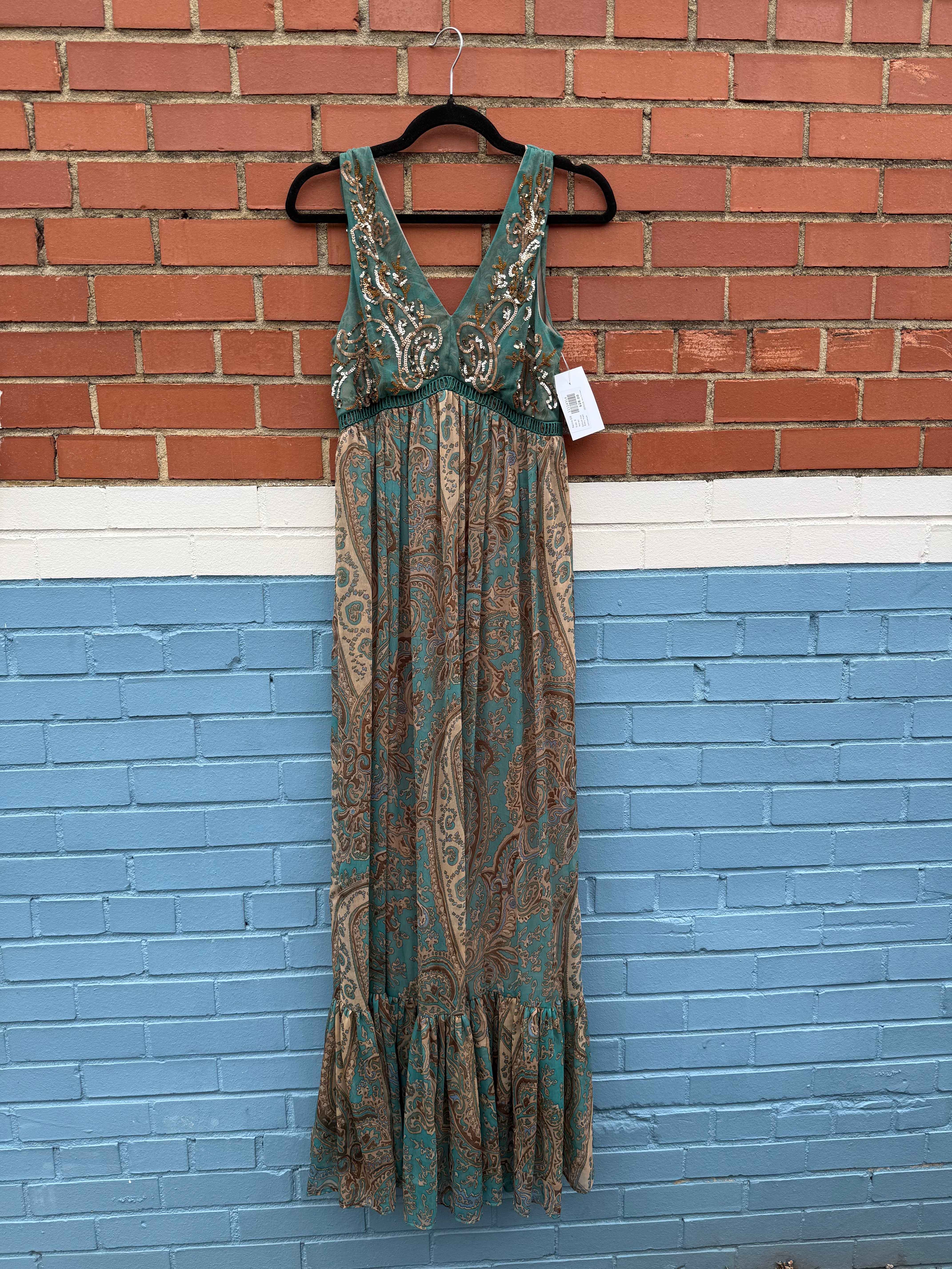 Teal tan Ranna Gill Sequin top flowy maxi, 0
