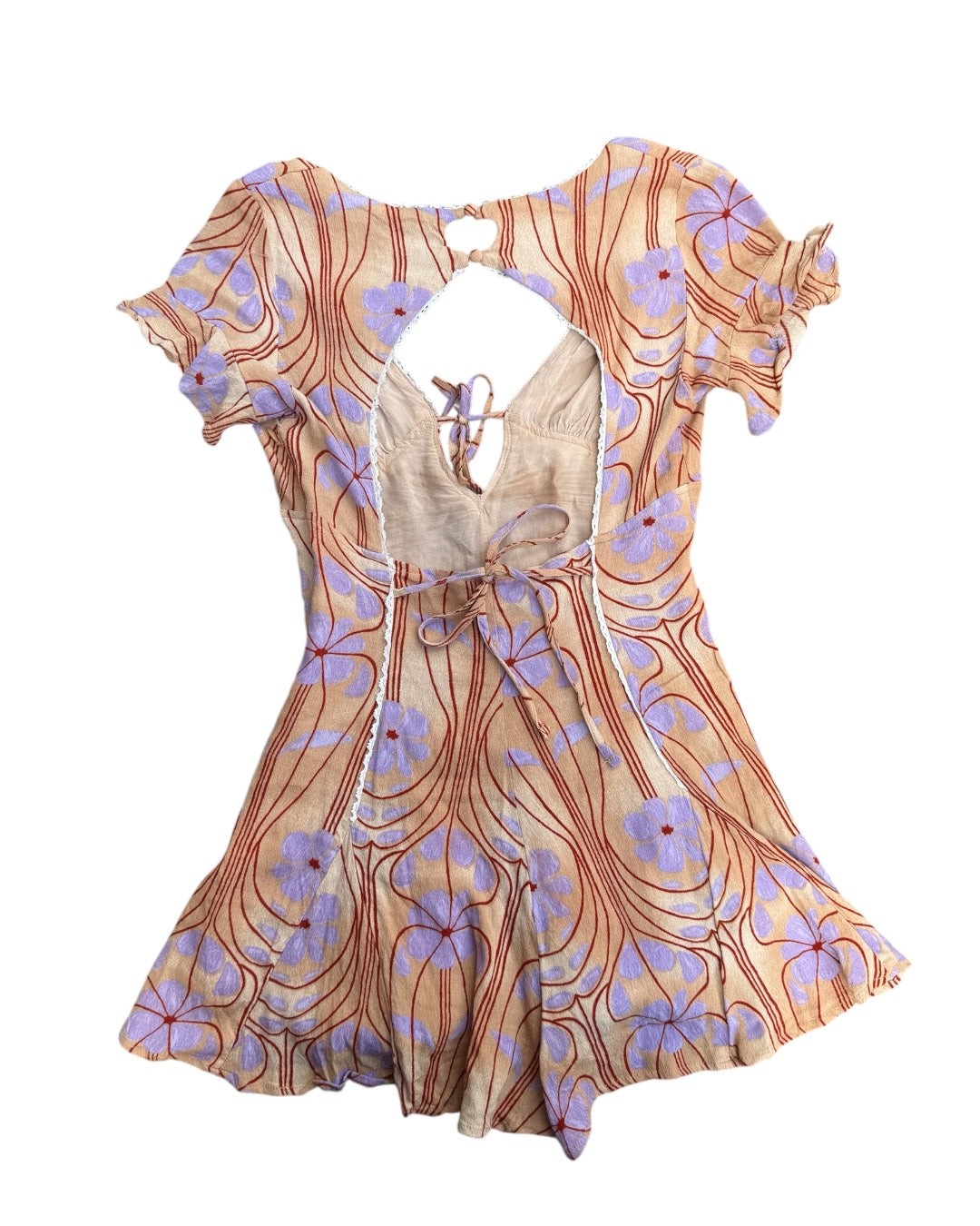 orange purple red kimchi blue ss lace trim floral romper, xs