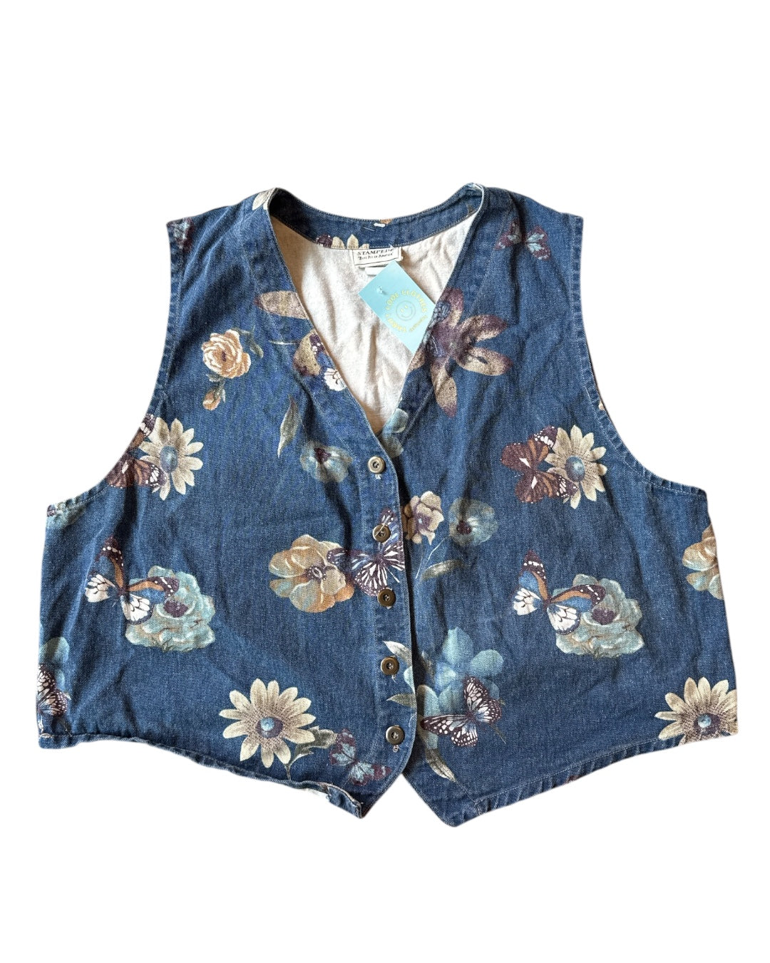 blue stampede denim floral vest, 3x