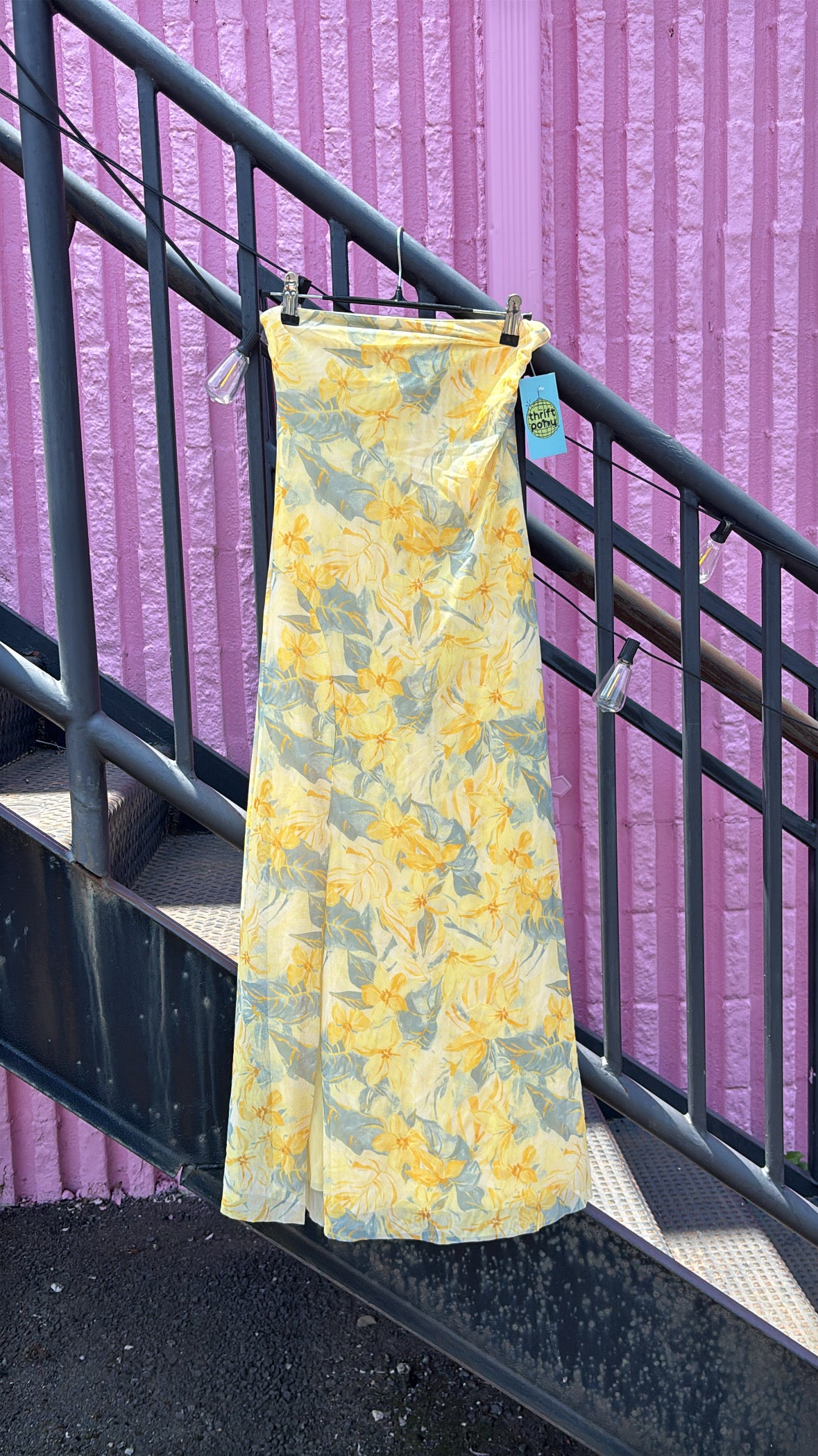 yellow green zara floral strapless long dress, s