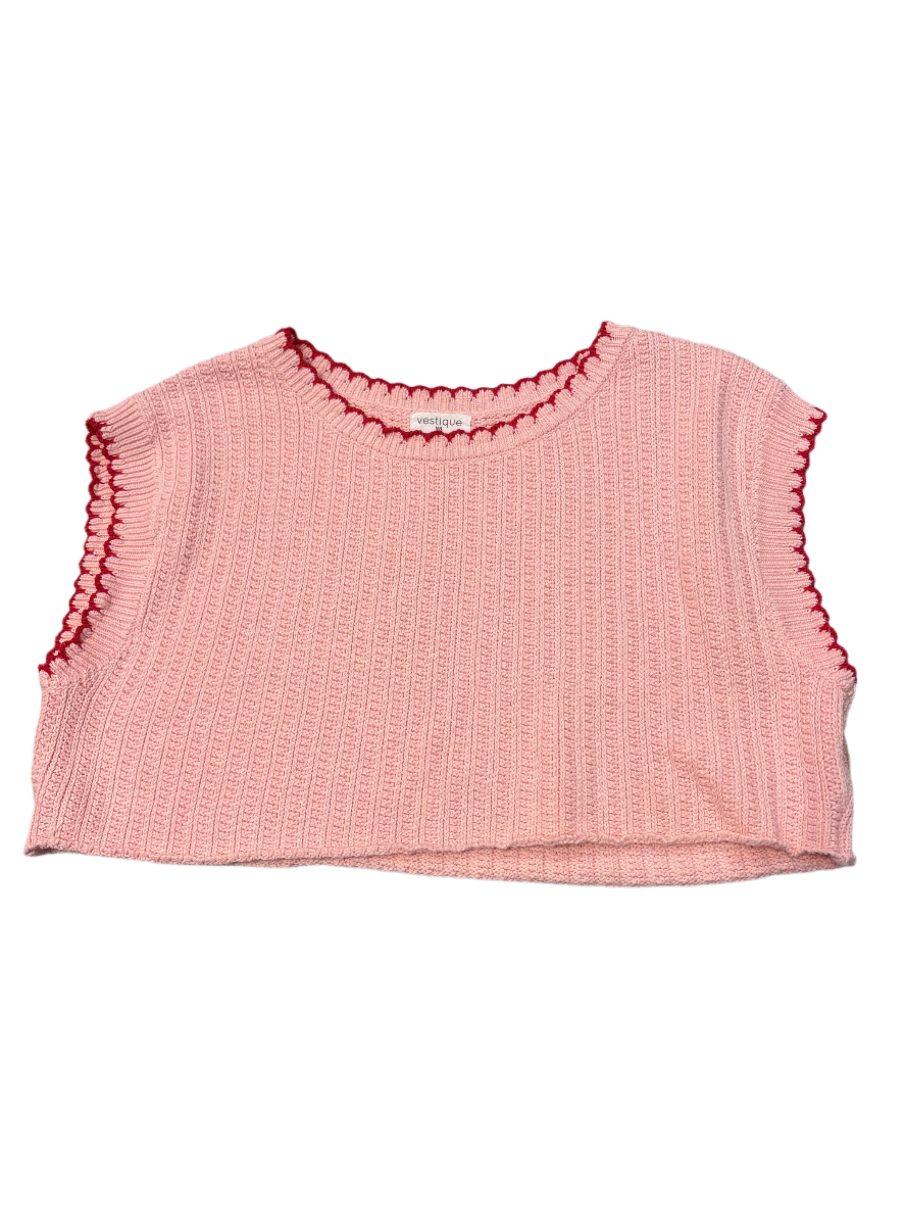Pink red Vestique Sweater vest w scalloped edge, M/L