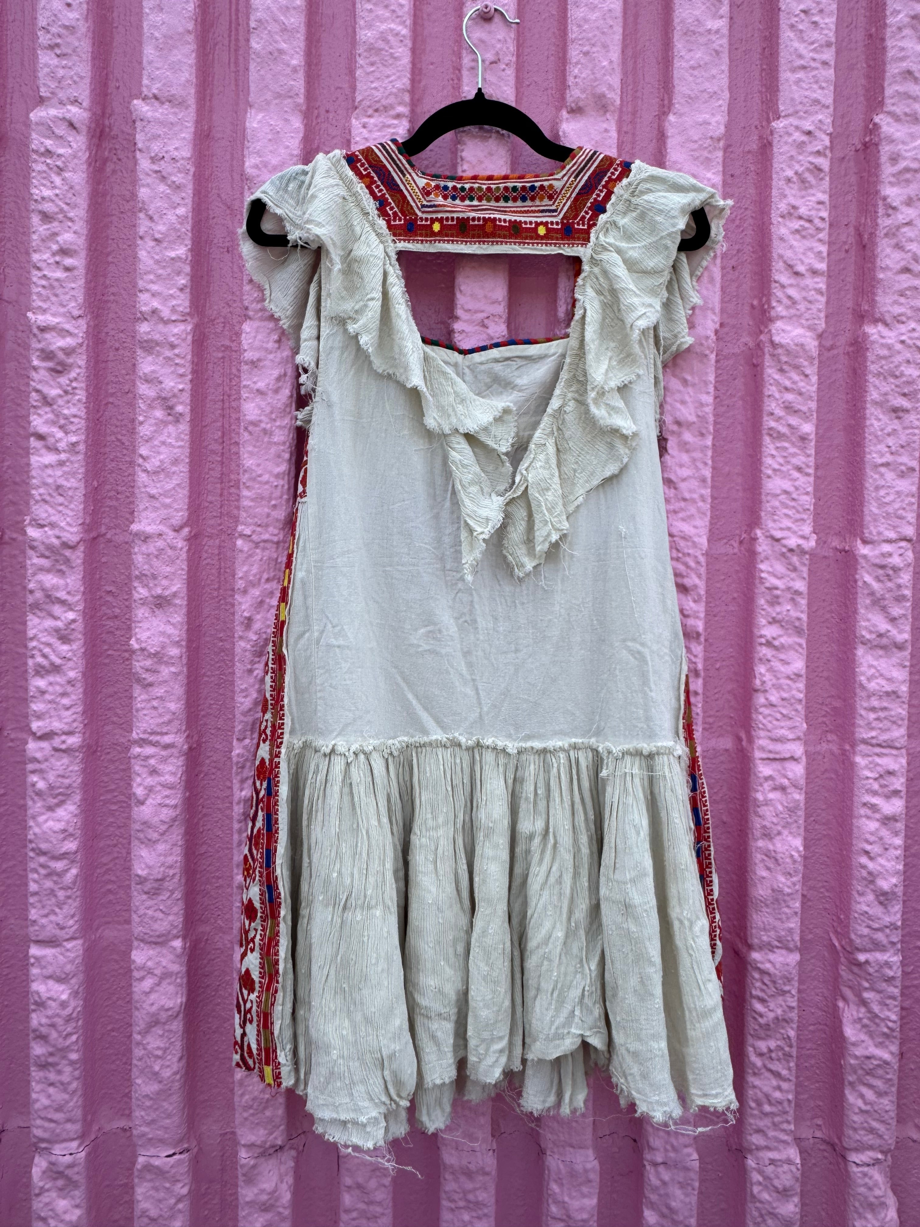 cream red free people multi pattern ss ruffle dress, m