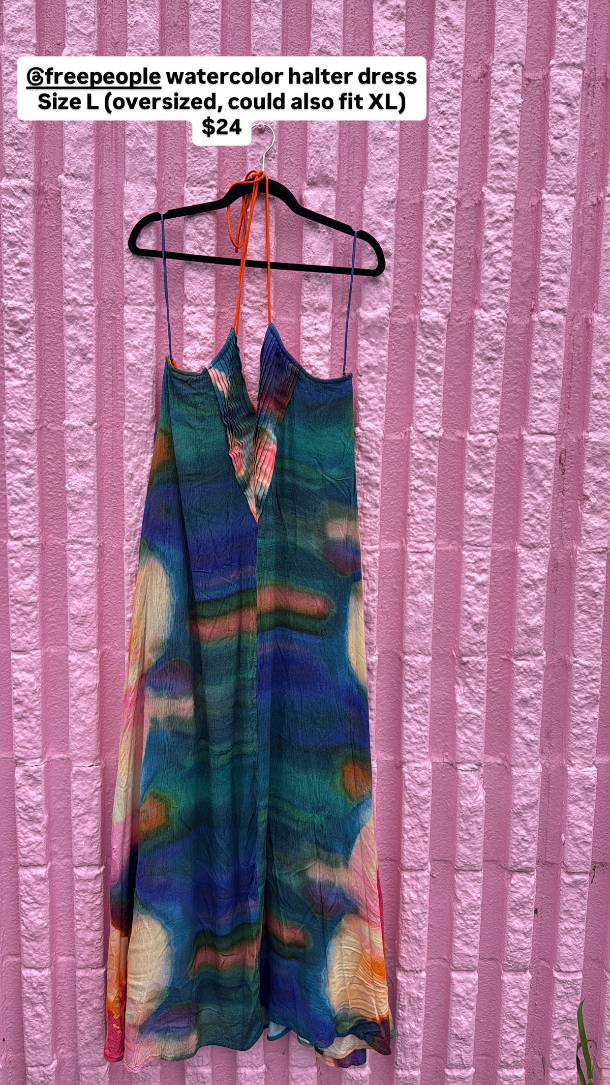 blue orange free people watercolor halter max dress, L