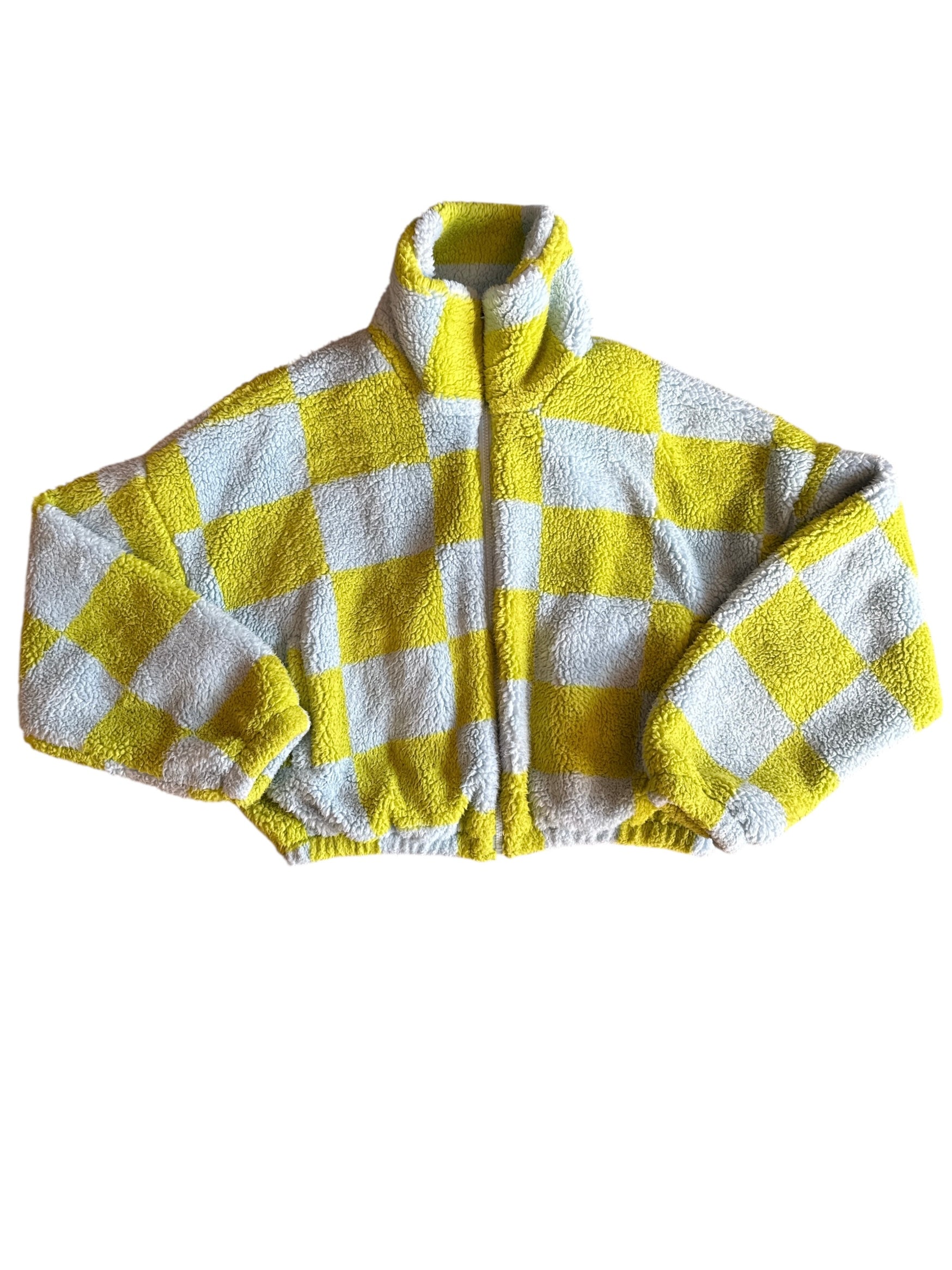 Green blue Urban outfitters Checkered fur zip up, S