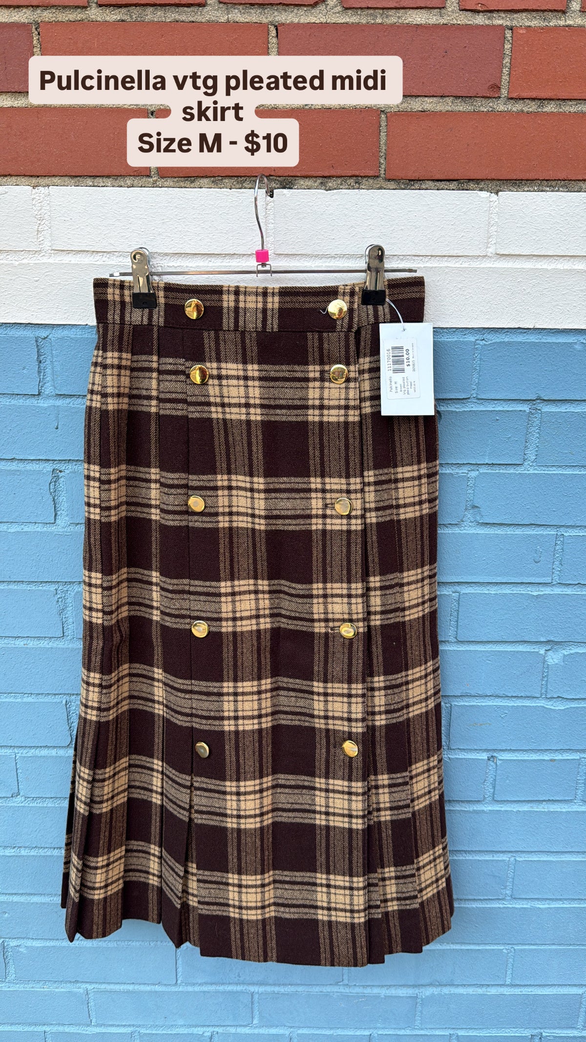 Brown Pulcinella Vtg pleated plaid button maxi, M
